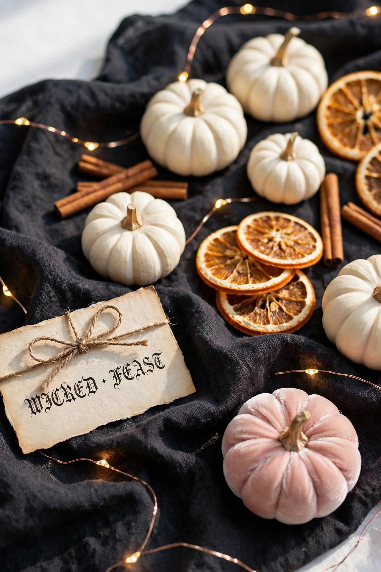 Close-up of Halloween table with fairy lights, mini pumpkins, cinnamon sticks and parchment place cards