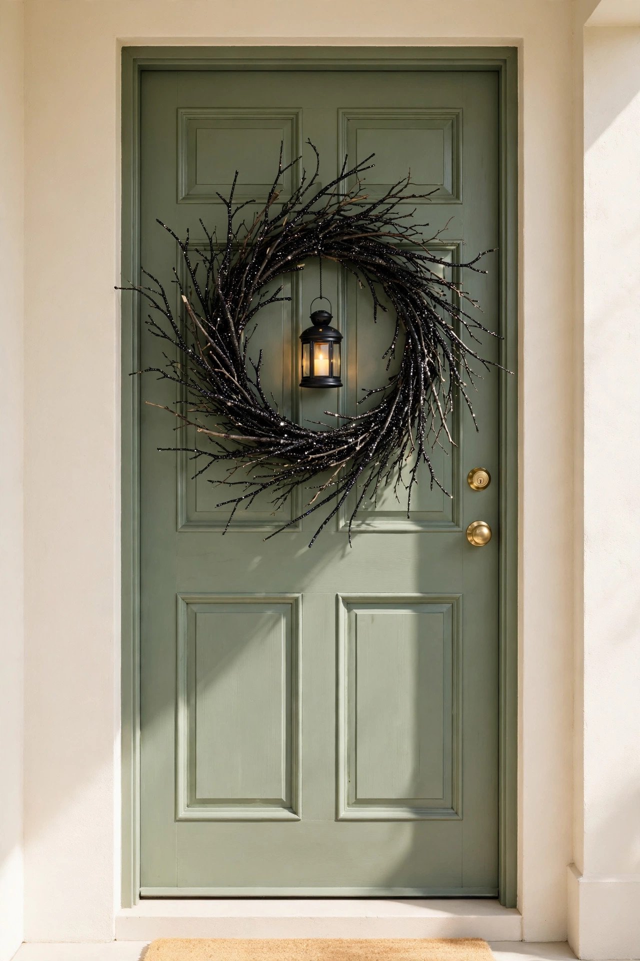 Halloween wreath of black glittered branches with a small glowing lantern hanging at the center