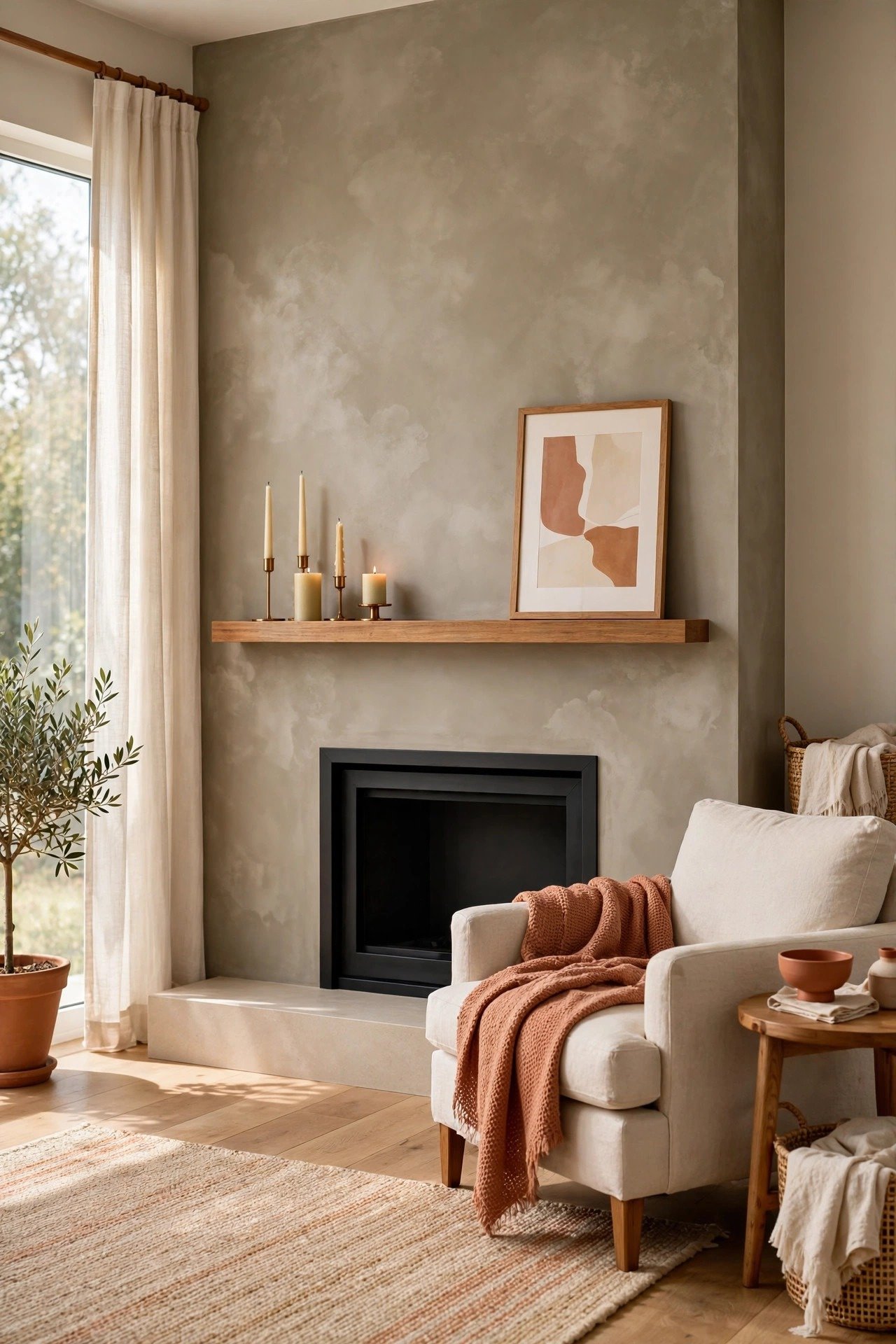 Taupe limewash wall with plastered texture surrounding a cozy fireplace in a living room