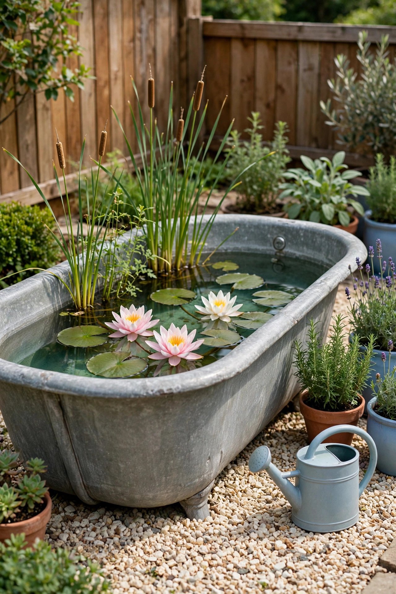 Vintage zinc bath mini pond with water lilies
