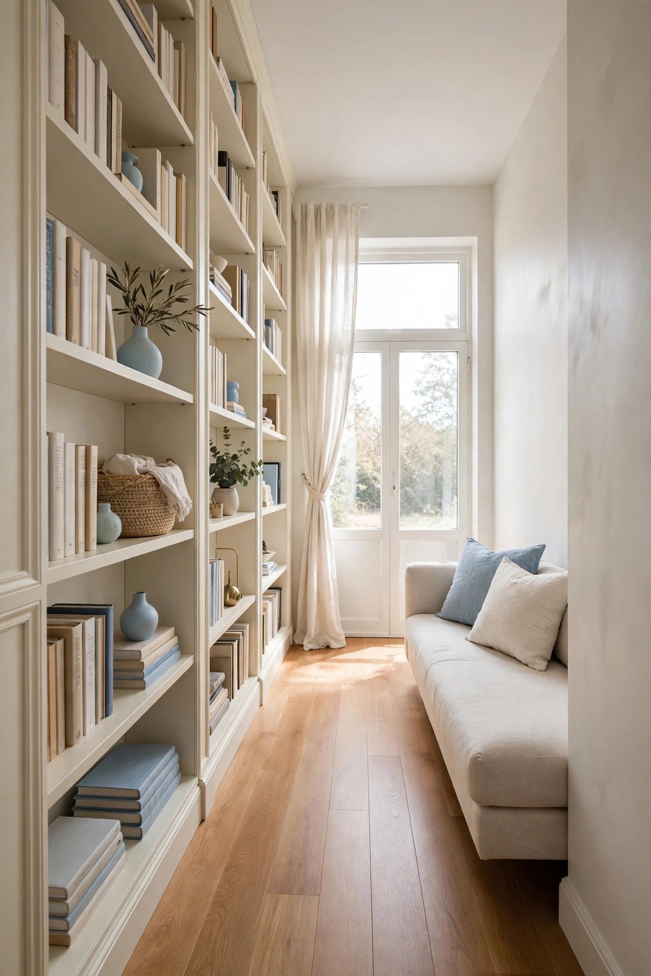 Built in storage wall in a narrow living room with tall shelves keeping the floor completely clear