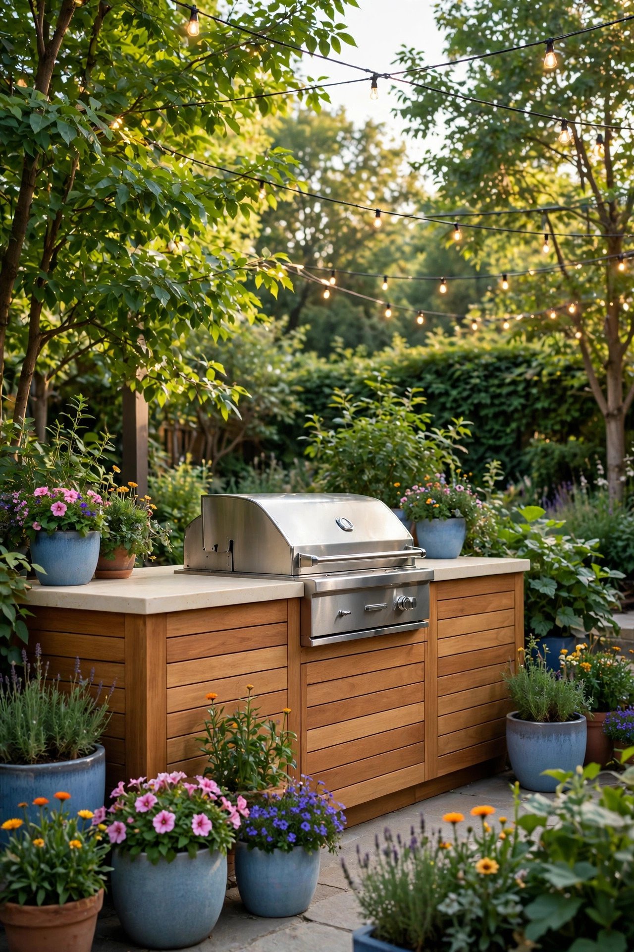 Outdoor kitchen surrounded by lush plants, colorful flower pots, and string lights