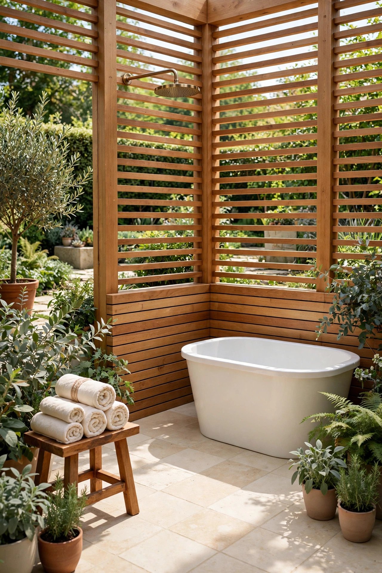 Open-air wet room with an outdoor shower, small tub, cream stone and sage green plants