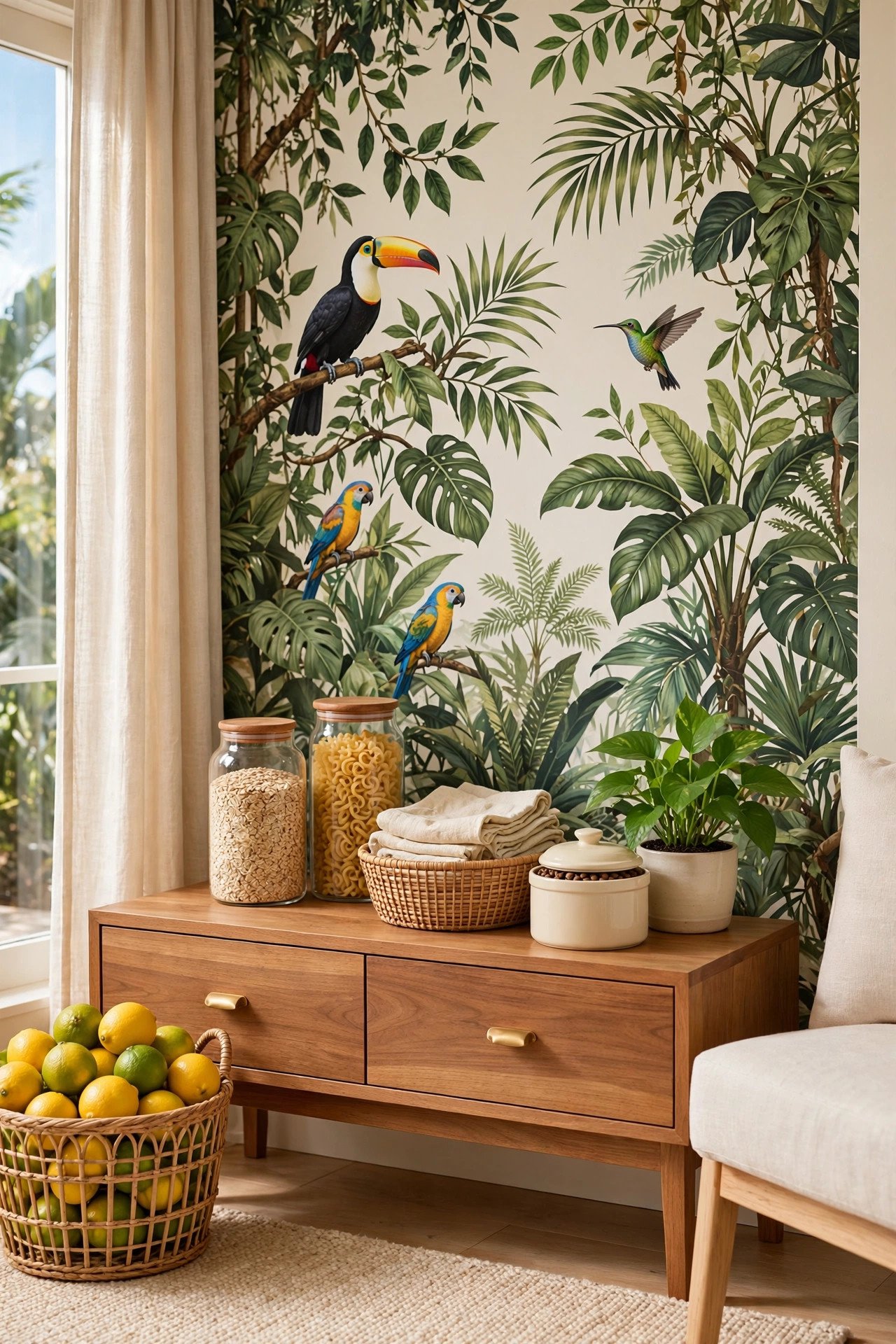 Tropical wildlife peel and stick wallpaper with exotic birds and jungle foliage on a feature wall