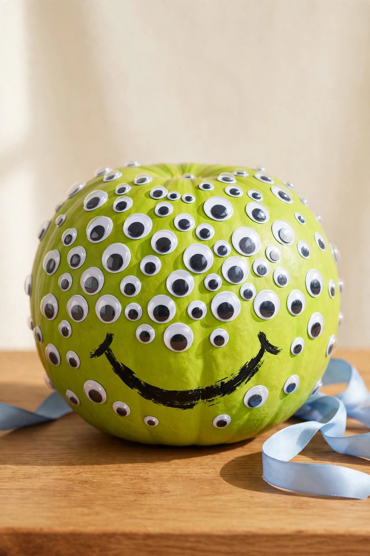 Pumpkin covered in dozens of googly eyes of different sizes with a big painted smile