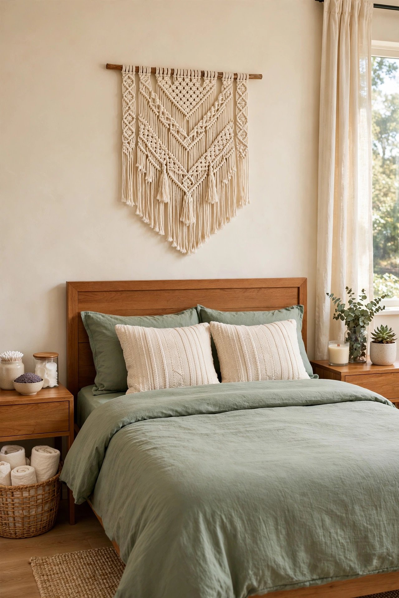 Macrame wall hanging in cream cotton above a bed in sage green tones