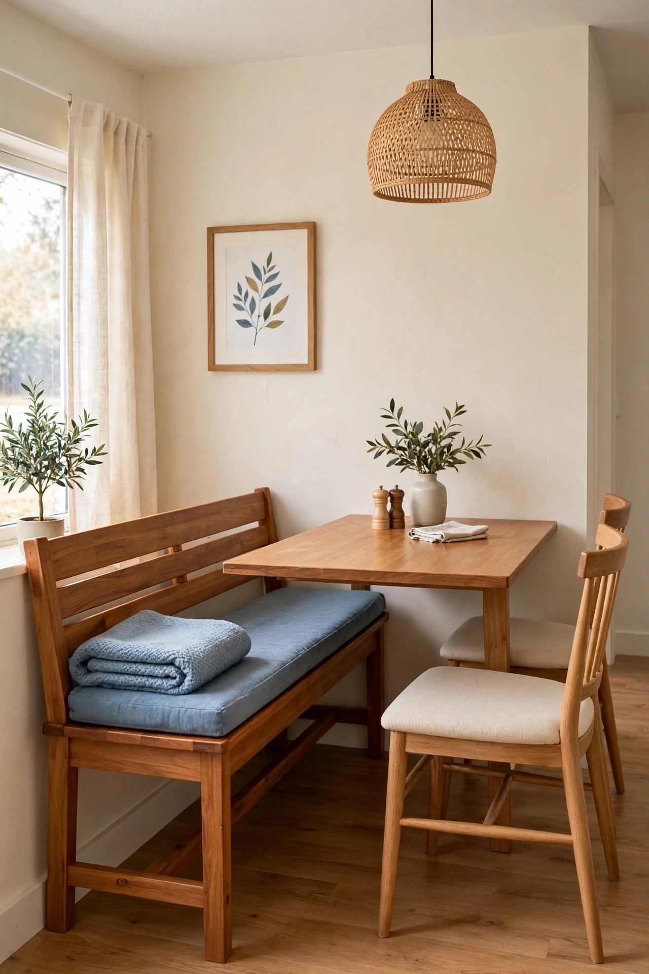 Bench seating layout idea saving space along one side of a small dining room table
