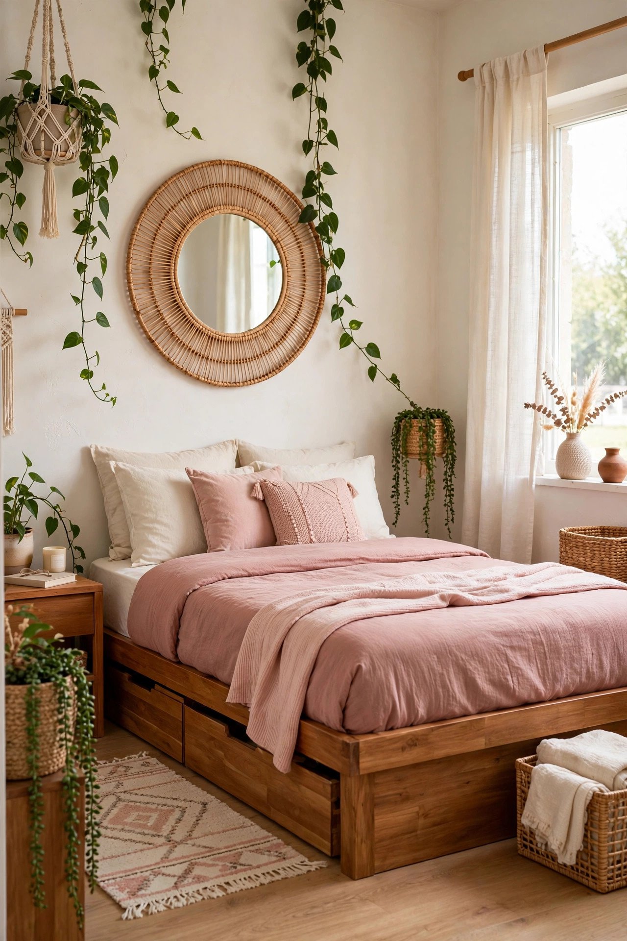 Chic bohemian small guest room layout with dusty rose bedding, a platform storage bed, trailing plants, and a woven mirror