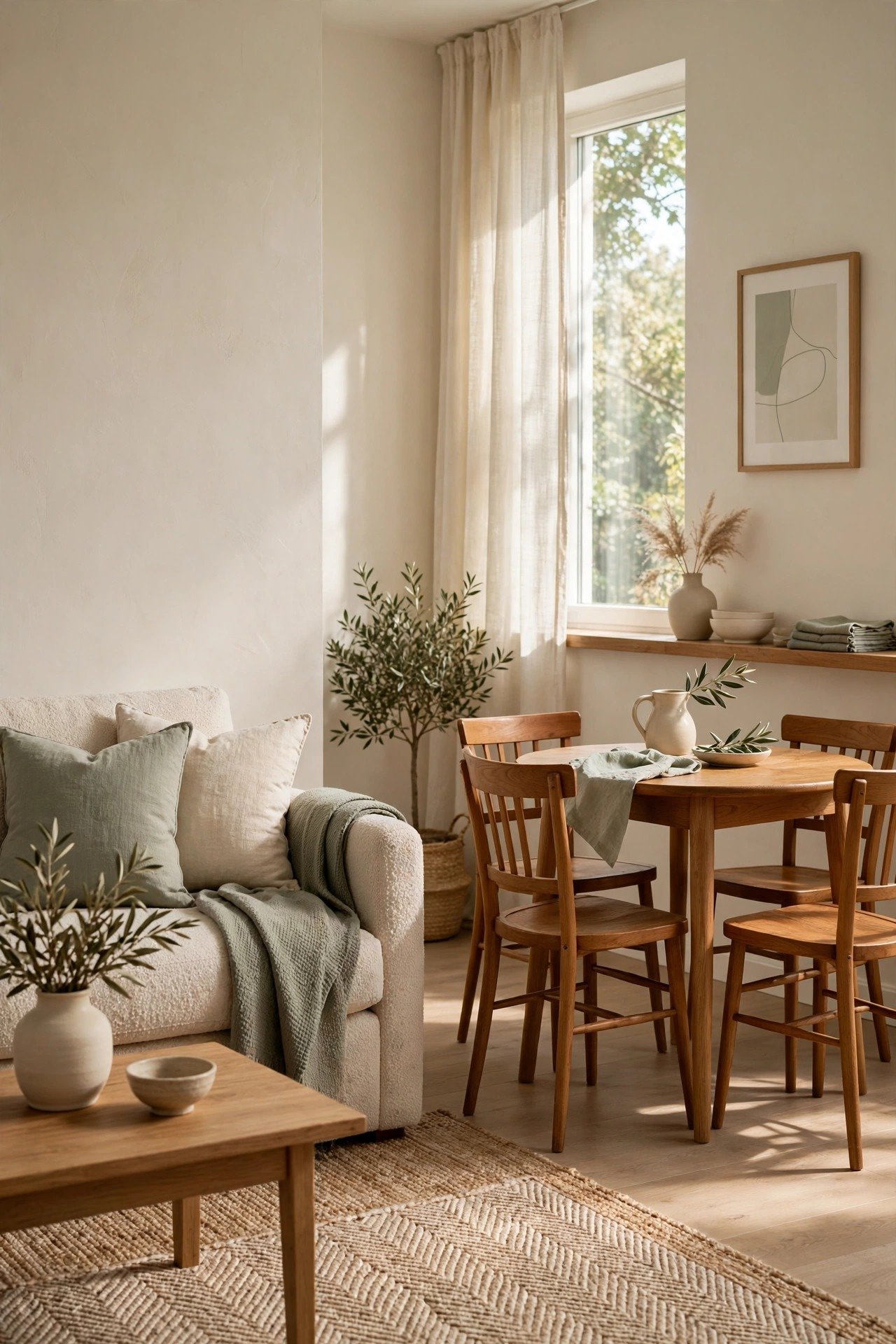 Small living dining combo in a neutral palette with layered textures, beige sofa, woven rug and wooden dining chairs