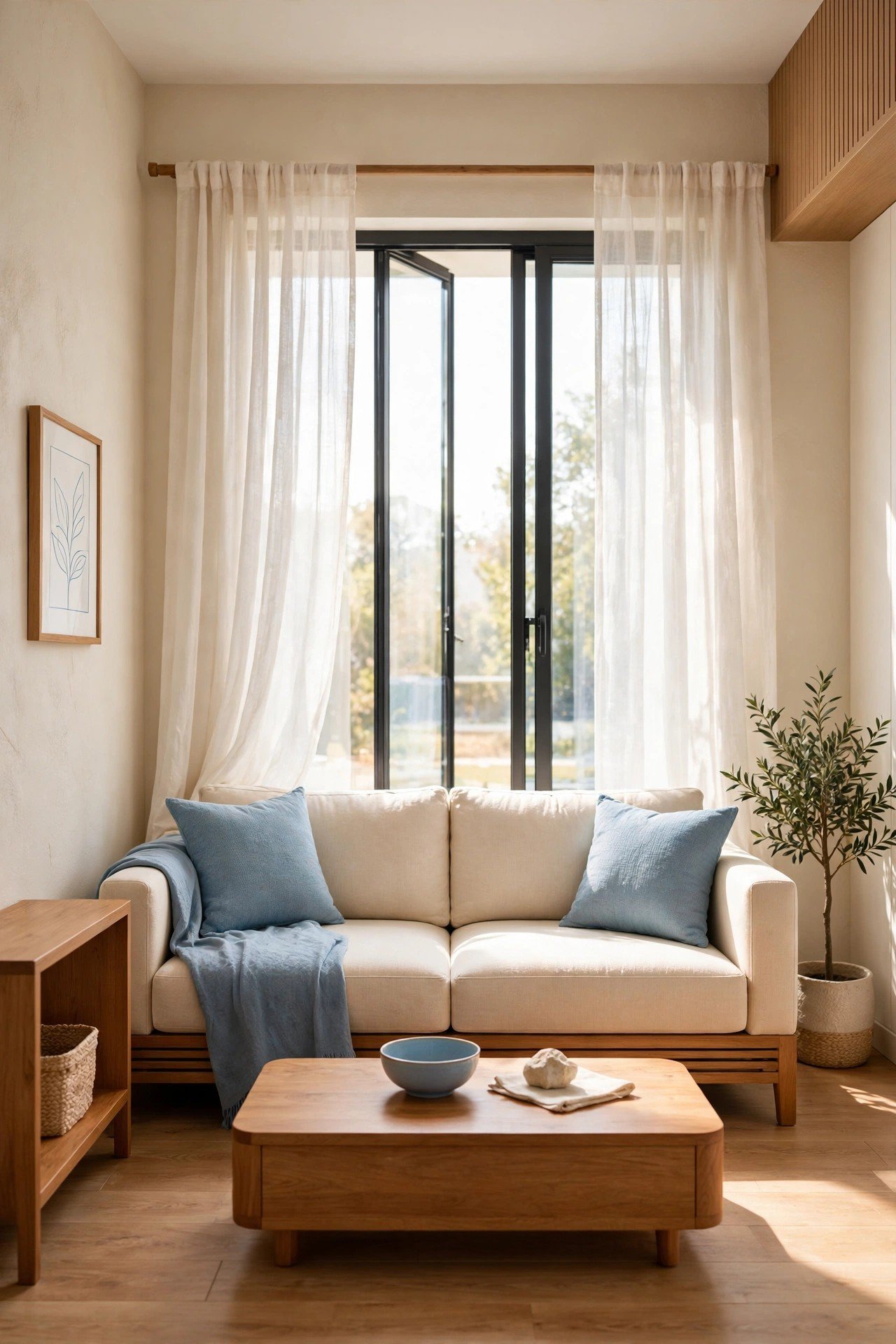 Small living room layout ideas with a sofa facing a large window dressed in light sheer curtains