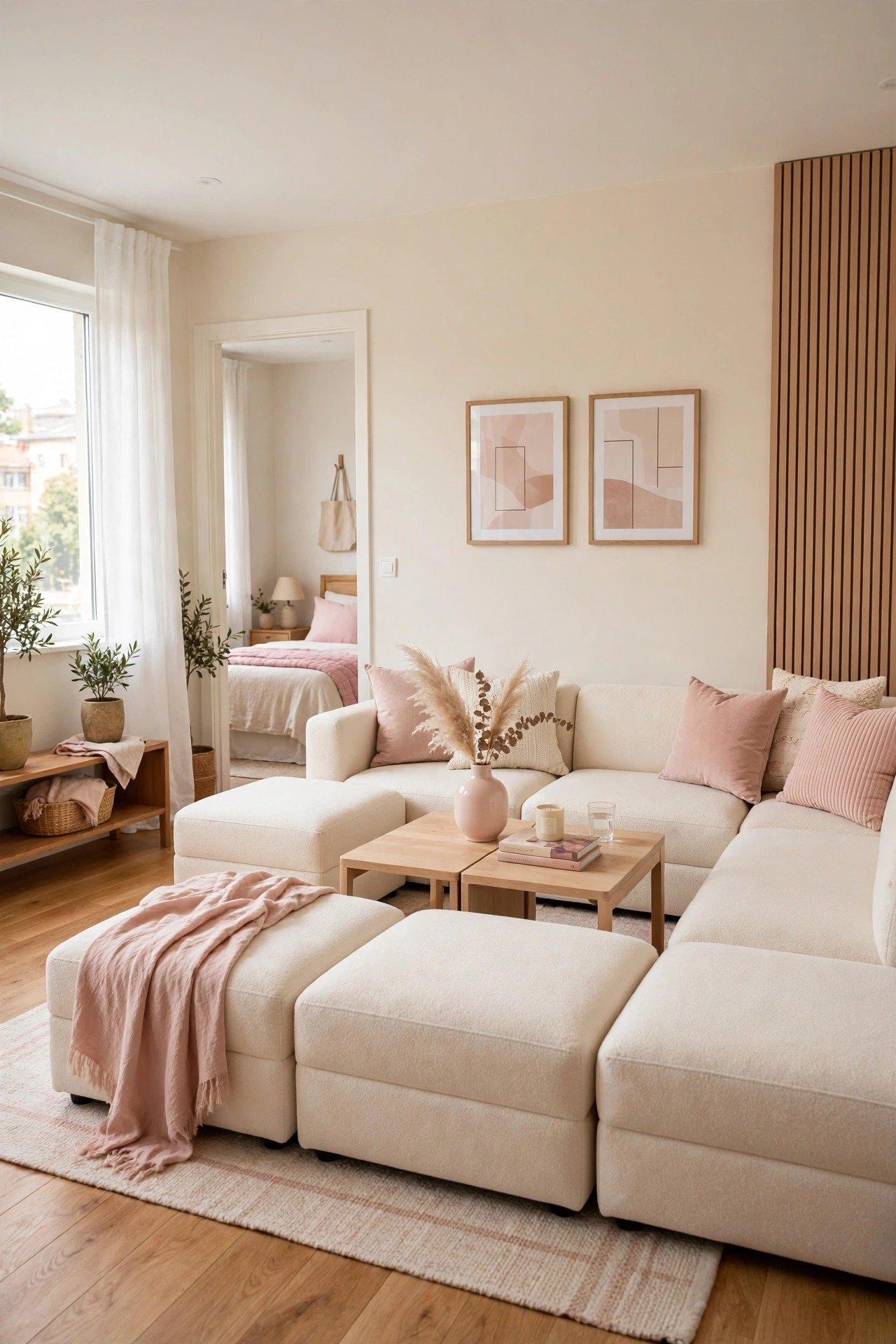 Small one bedroom apartment layout ideas with modular sectional sofa pieces rearranged for guests in a cozy living room