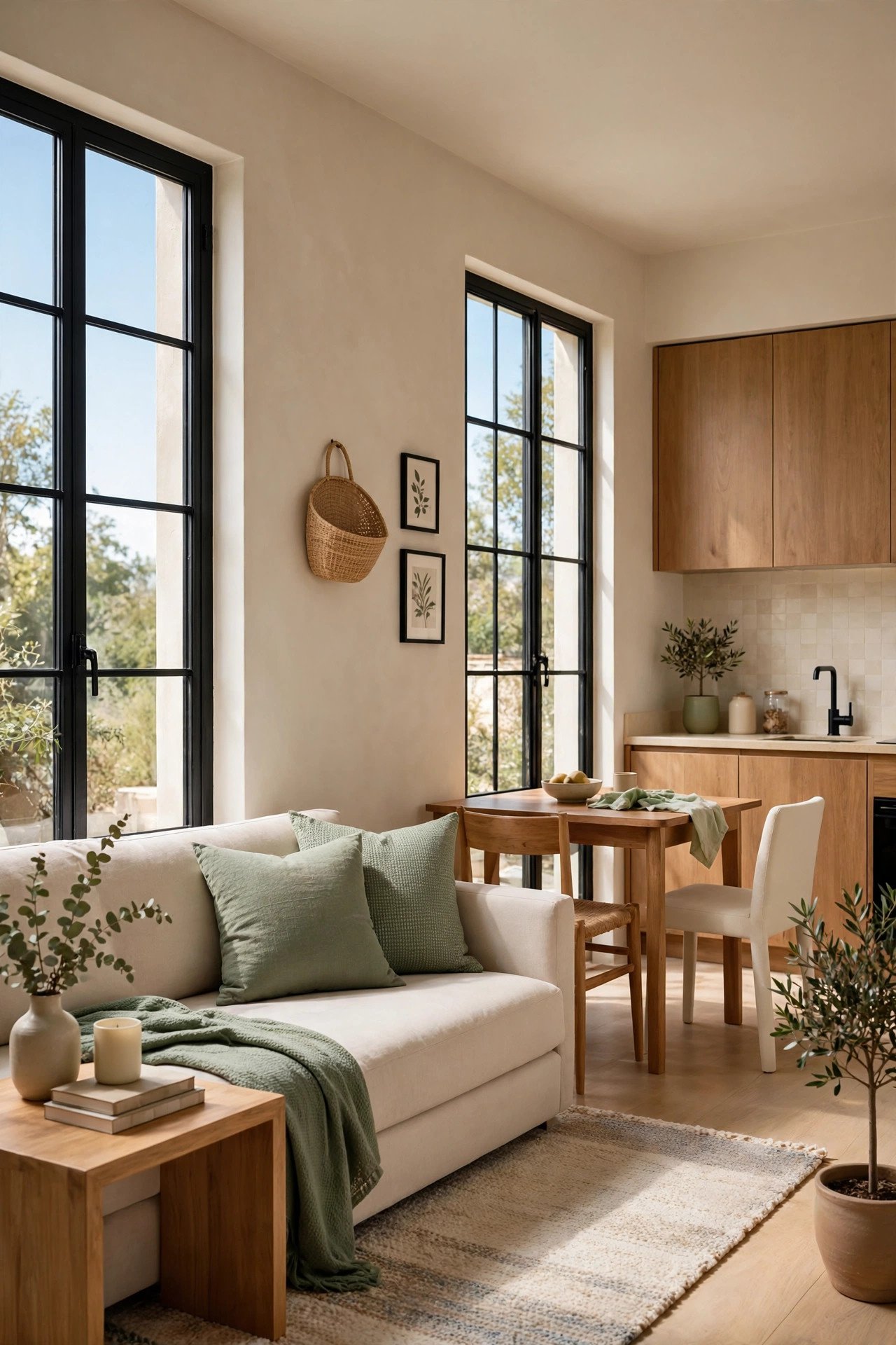 Soft greige small open plan living room with black window frames and modern minimalist furniture