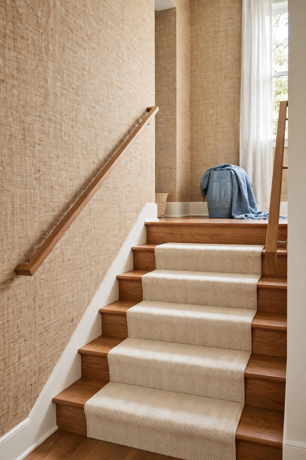 Textured grasscloth wallpaper covering a staircase wall
