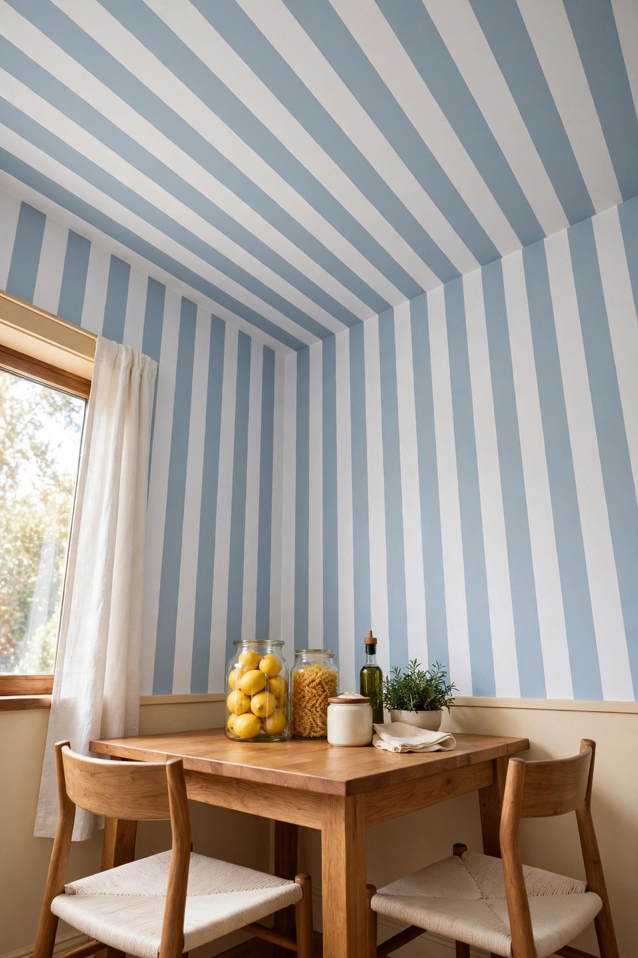 Wallpaper style stripes continuing from the wall onto the ceiling in soft blue and white
