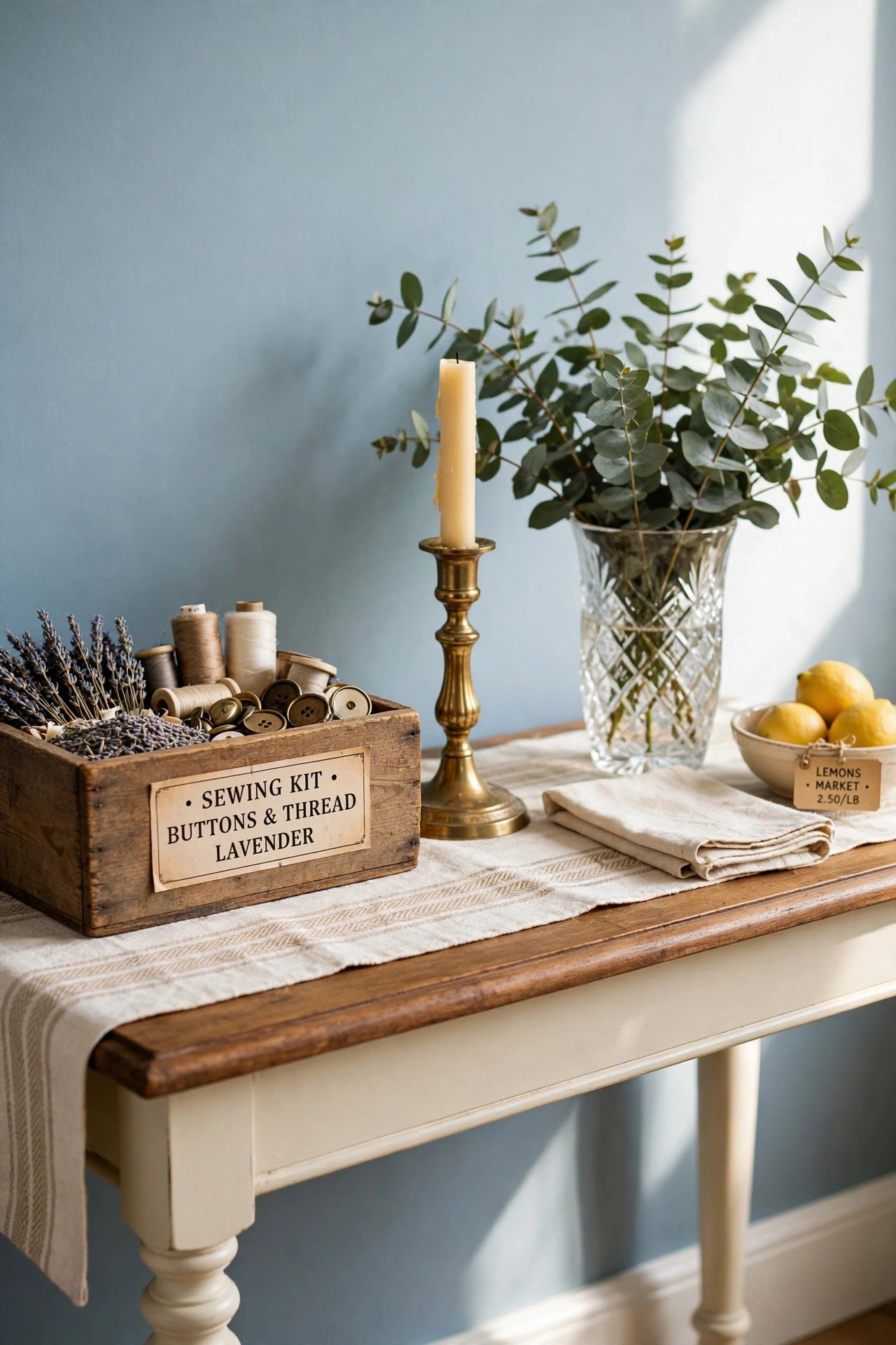 Layered textures with thrifted wood, brass and glass objects on a console table in soft blue tones