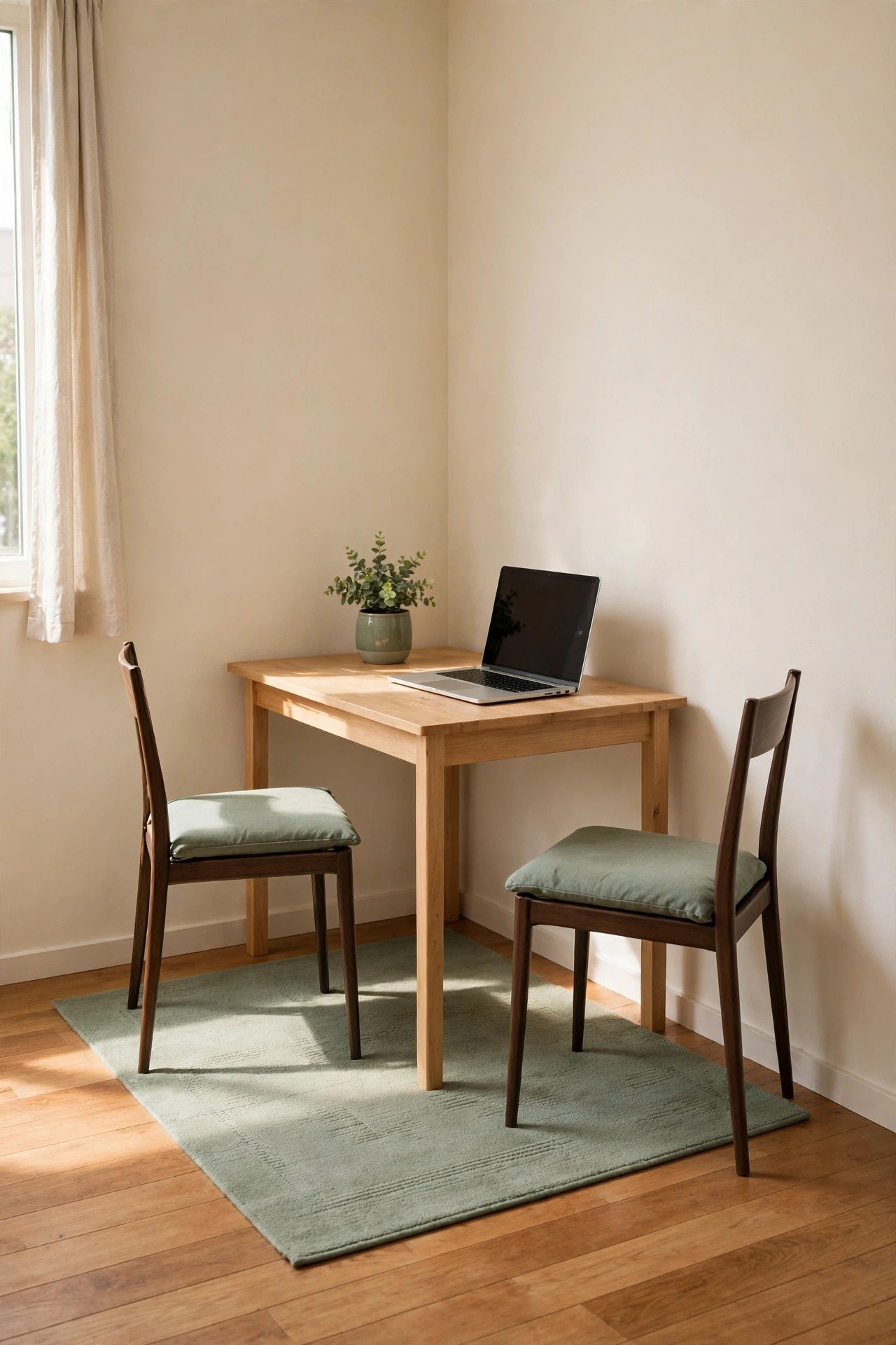 Tiny studio apartment layout idea with a small table serving as both dining table and desk in sage green tones