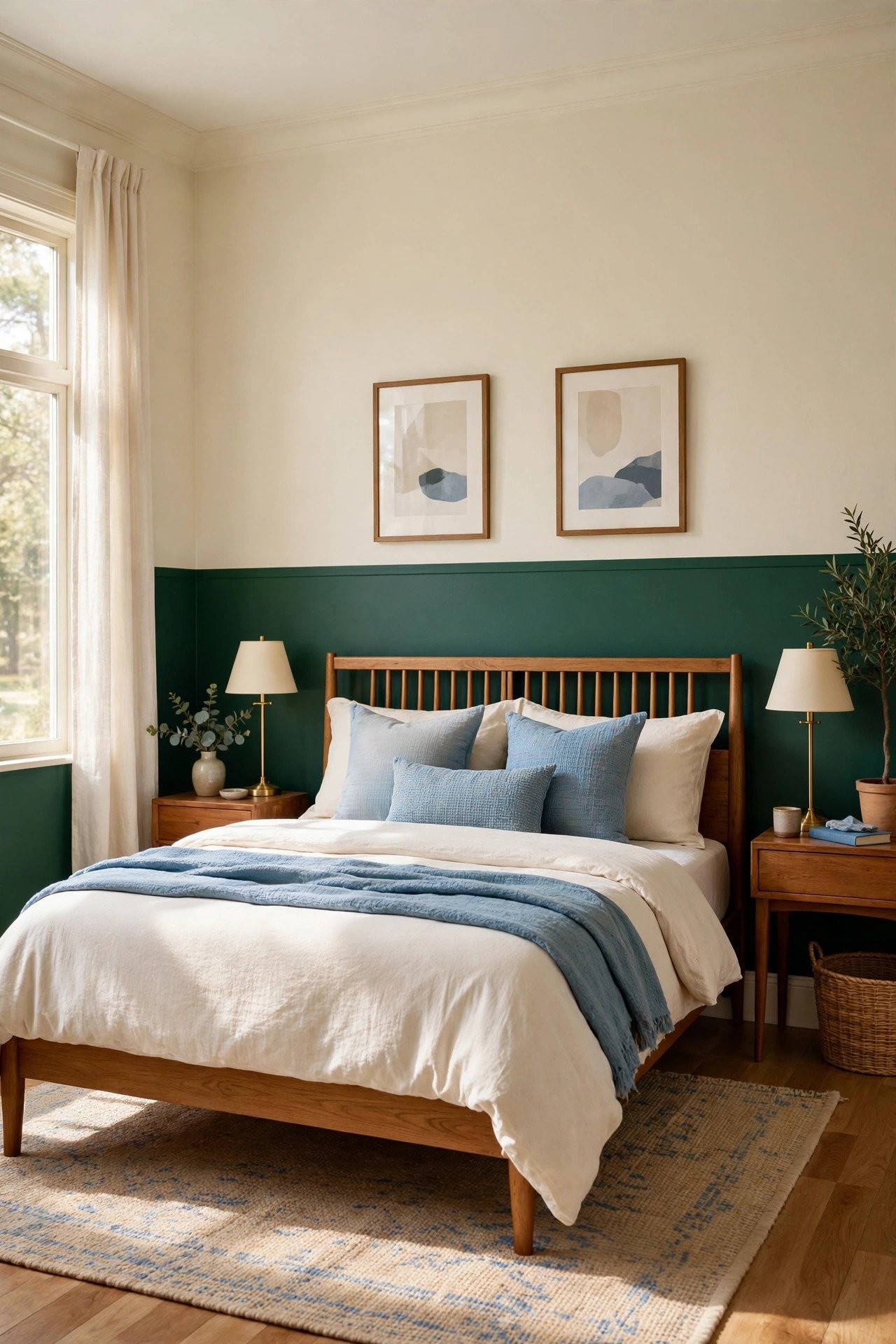 Emerald green and cream two tone wall paint ideas with deep green lower walls and soft cream upper walls in an elegant bedroom