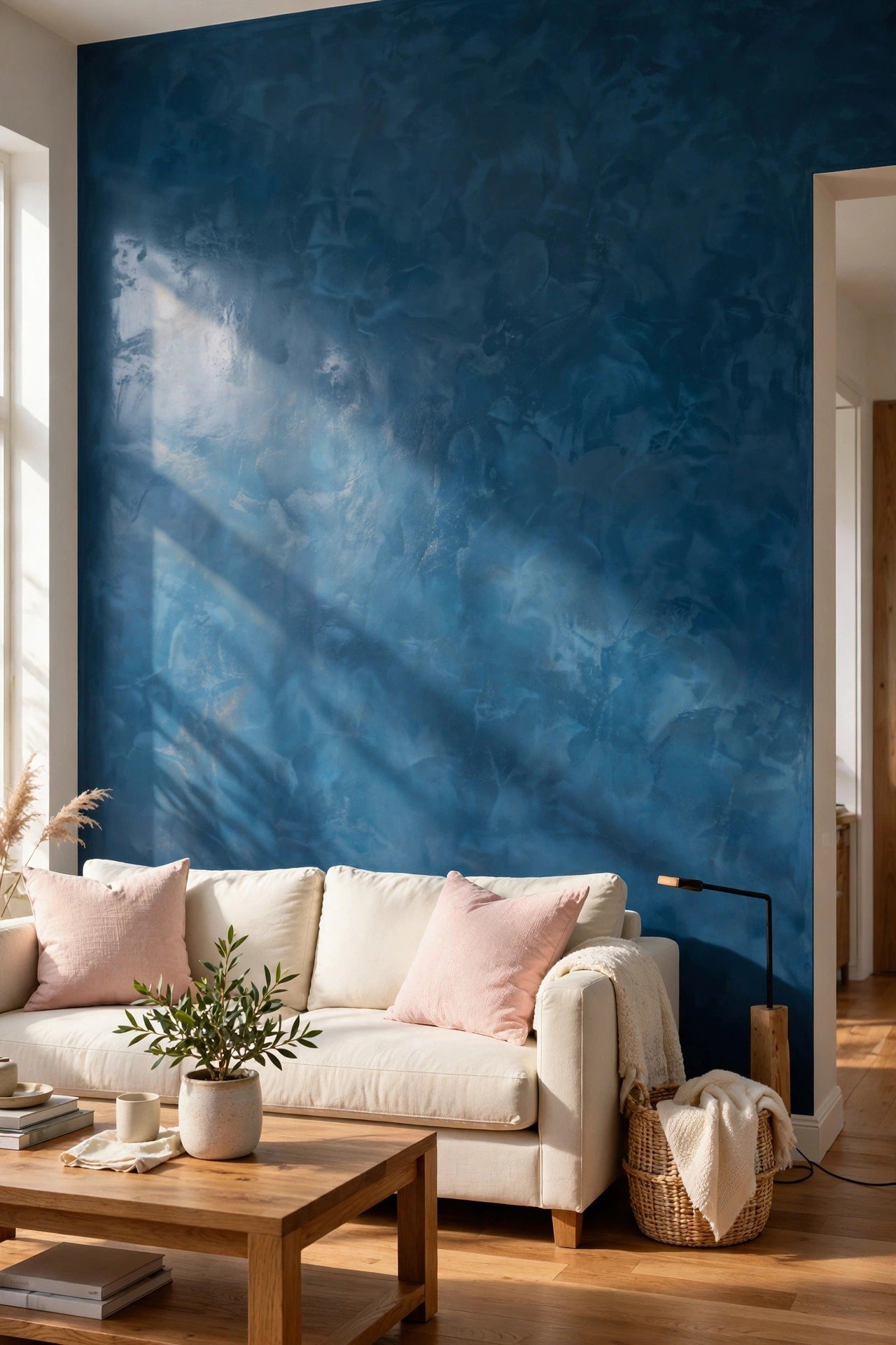 Deep ocean blue Venetian plaster wall in a living room with natural light