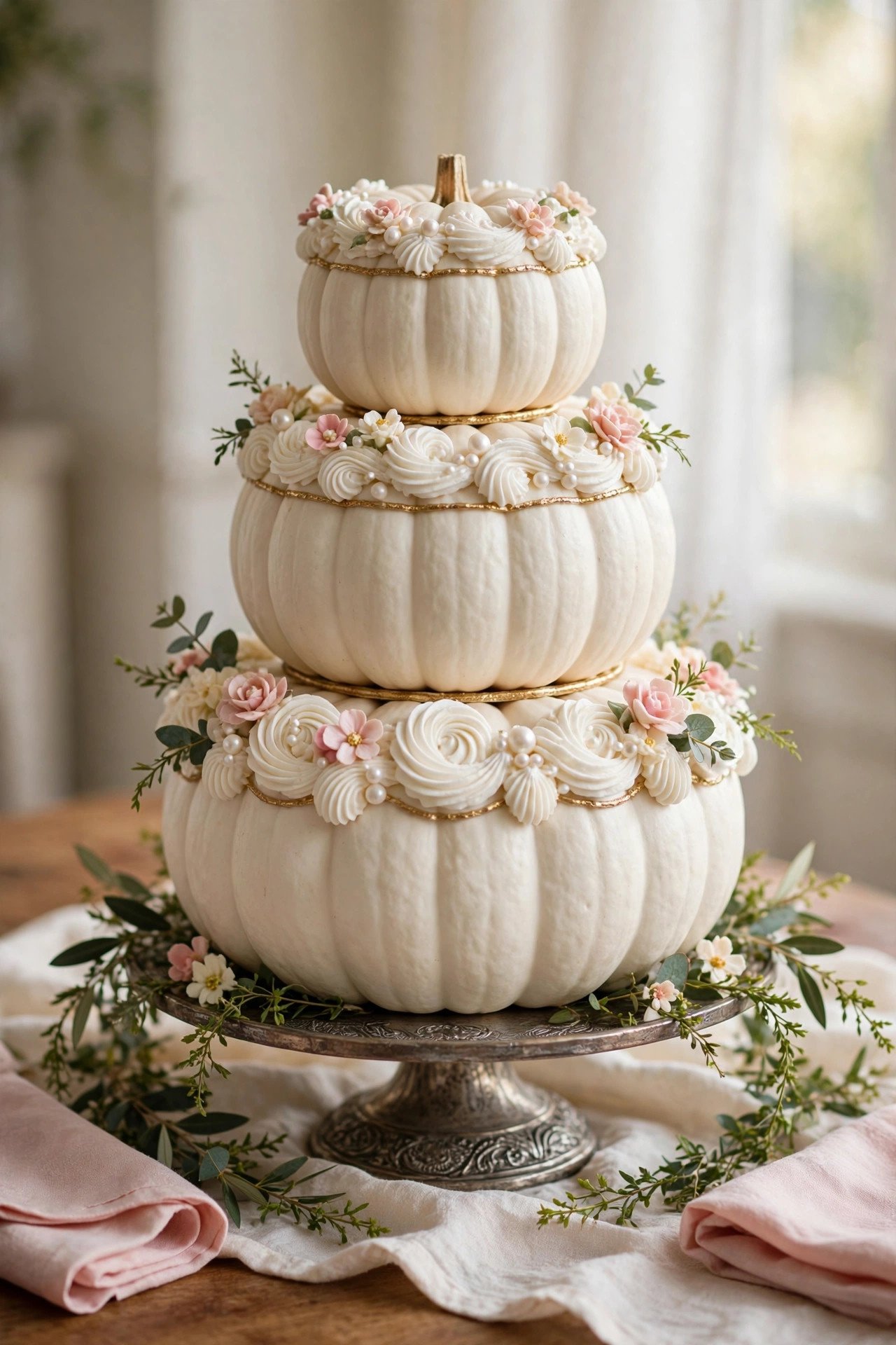 Three white pumpkins stacked like a tiered wedding cake on a vintage stand