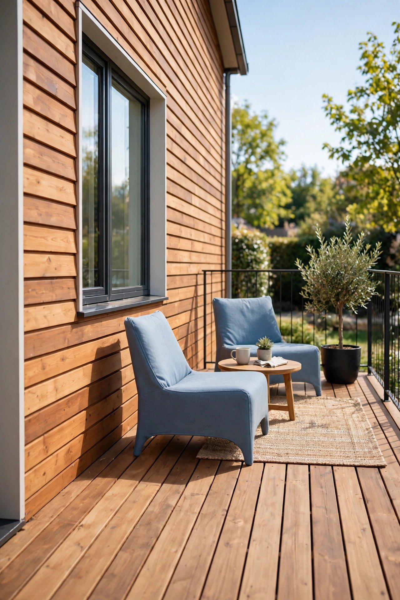 Wooden deck matching the wood siding of a modern house