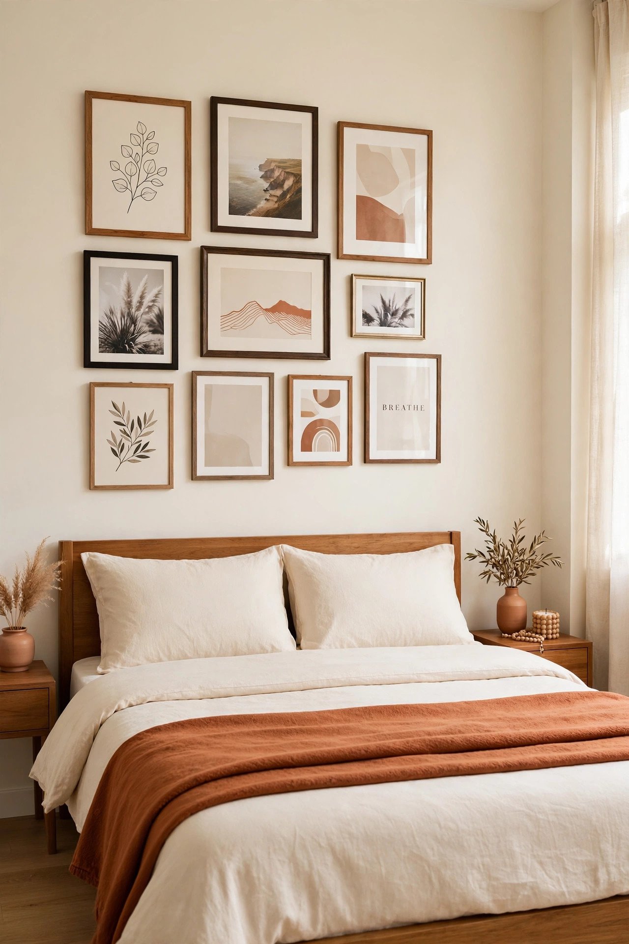 Bedroom gallery wall with mixed frames and prints