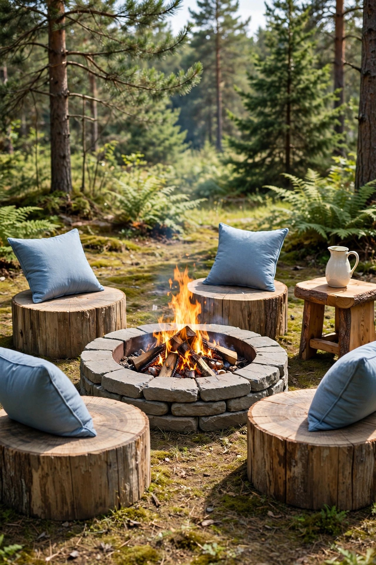 Tree stump seats around a rustic stone fire pit with soft blue pillows