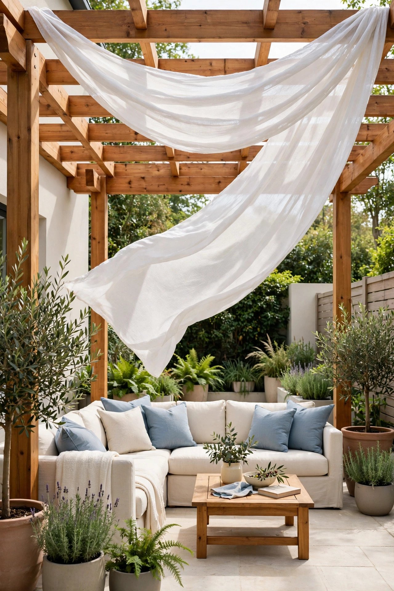 Wooden pergola draped with a flowing white fabric canopy