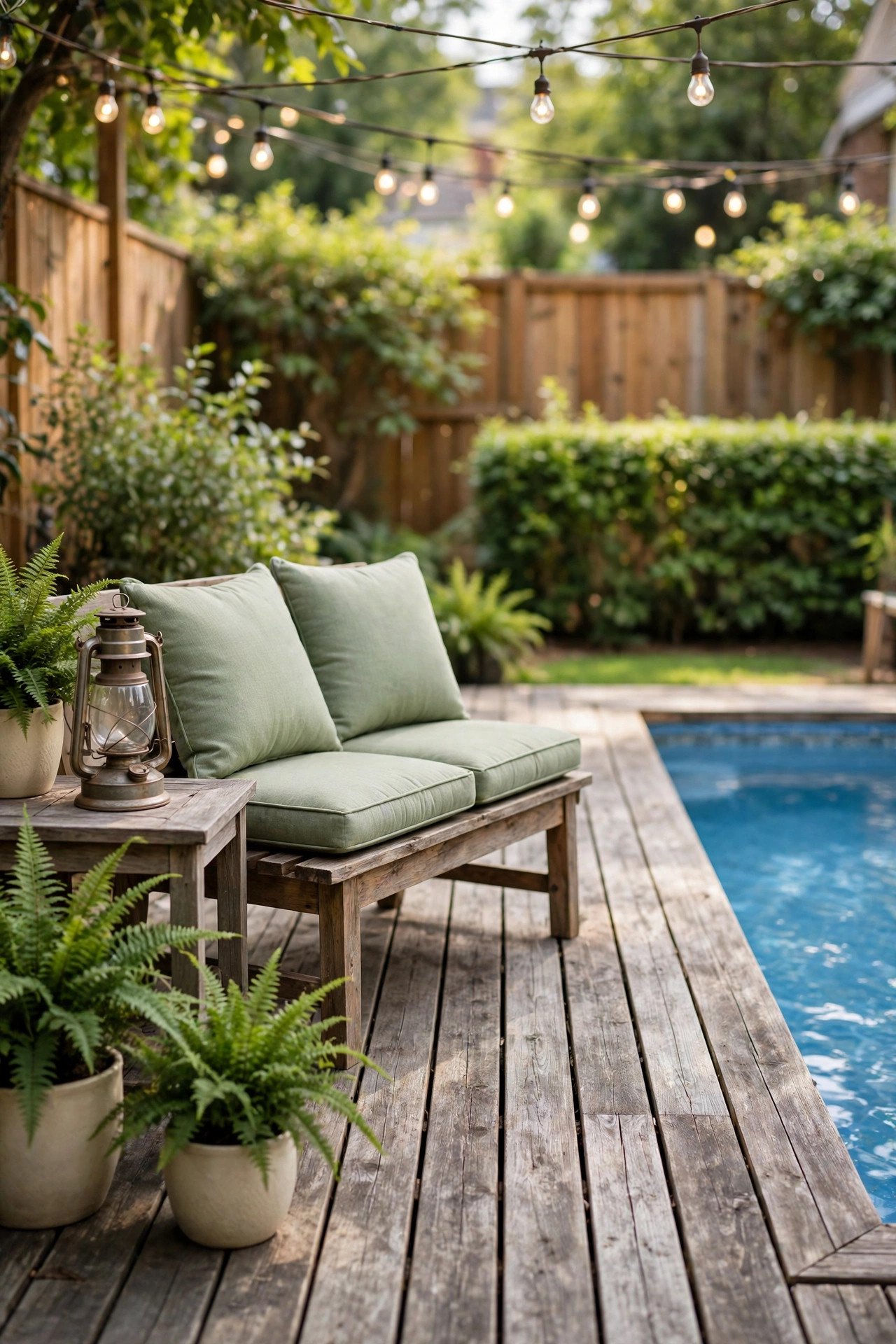 Weathered wood pool deck with rustic lanterns
