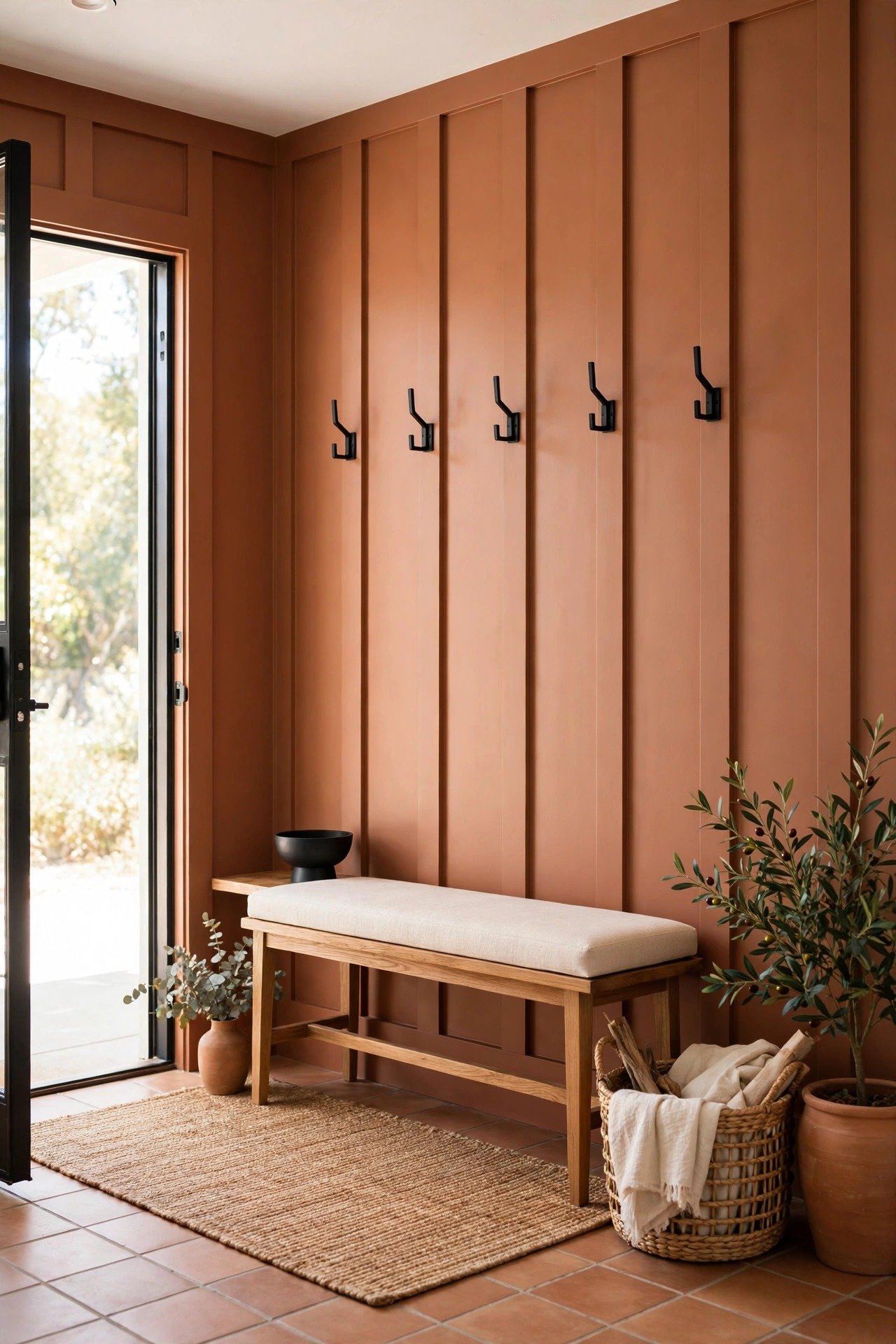 Welcoming entryway with terracotta board and batten paneling, wall hooks, and a slim wood bench