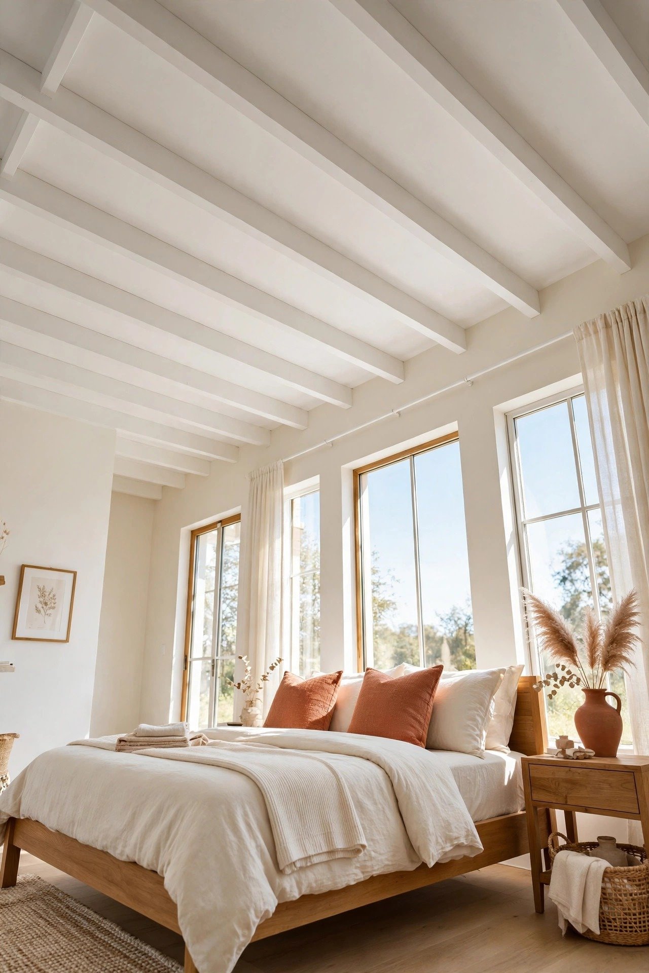 White ceiling with slim modern wooden beams painted white, running across a bright farmhouse bedroom