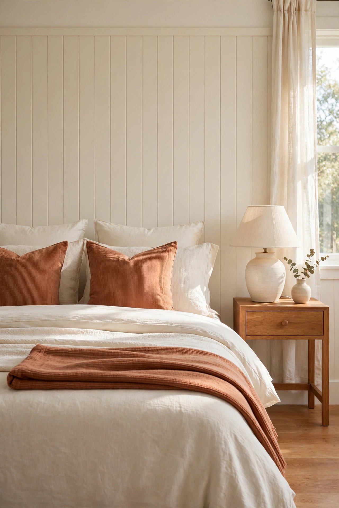 Cream bedroom with simple wall paneling, wooden side table with lamp, and layered pillows in soft daylight