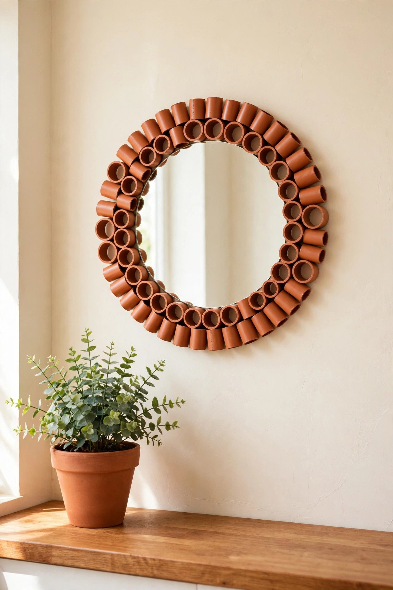 Mirror framed with small colorful PVC pipe rings