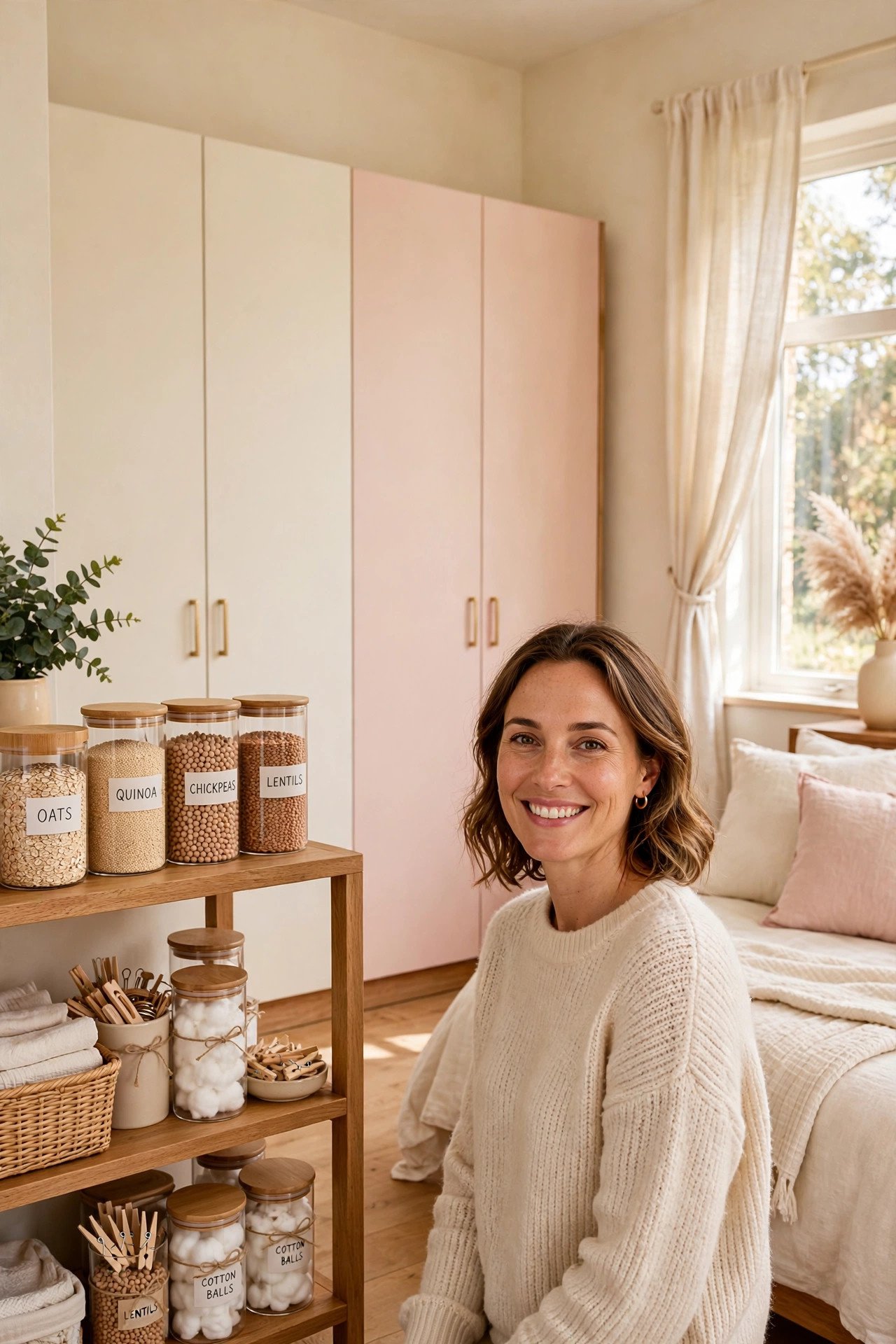 Wardrobe color blocked in cream and blush pink panels in a bright bedroom