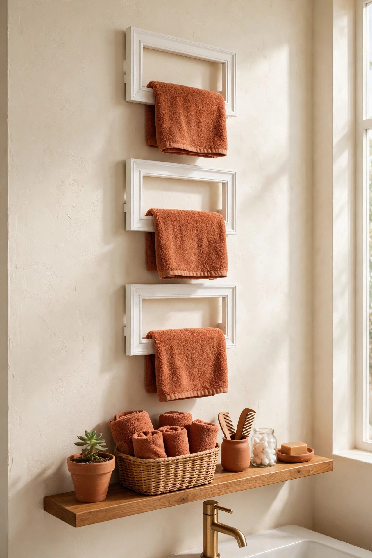 White painted frames used as towel holders in a bathroom