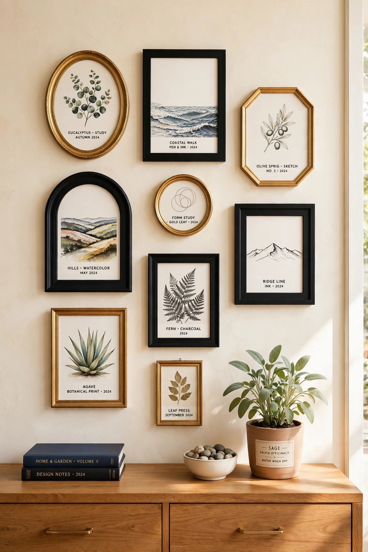 Spray painted picture frames in gold and matte black arranged as a gallery wall from dollar store frames