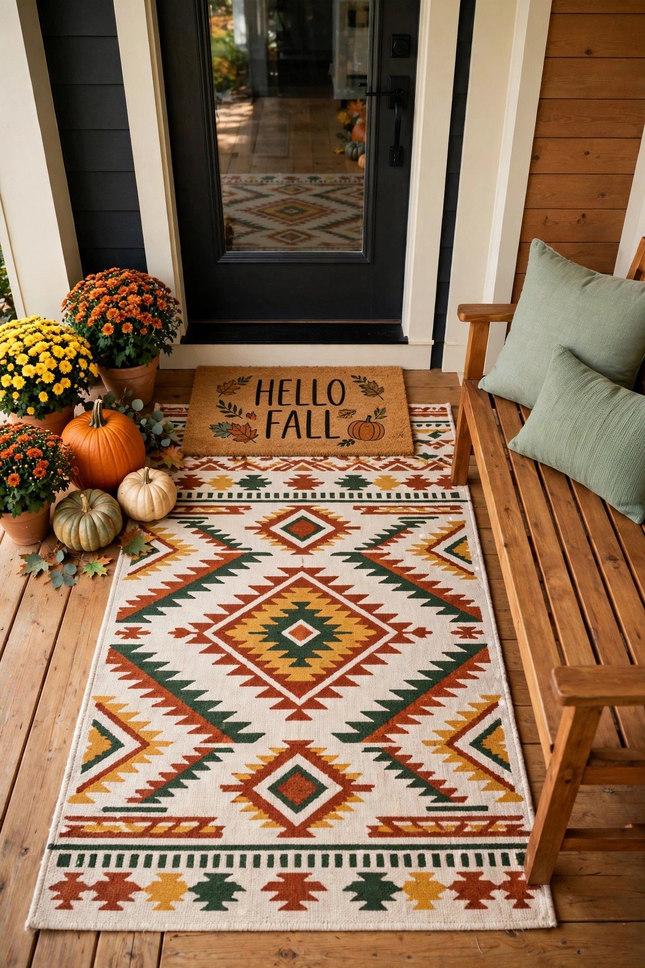A patterned outdoor rug in fall colors layered under a doormat with cushions on a porch bench
