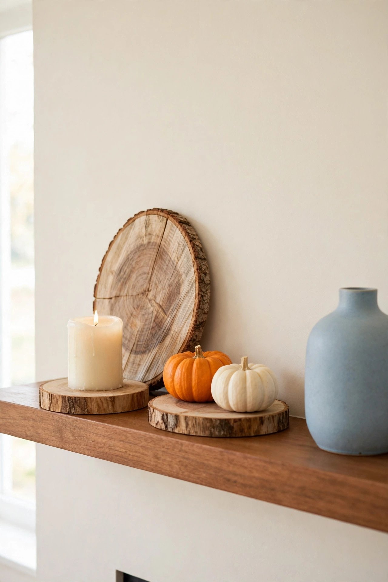 Natural wood slices used as bases under candles and small pumpkins on a fall mantel, soft blue vase nearby