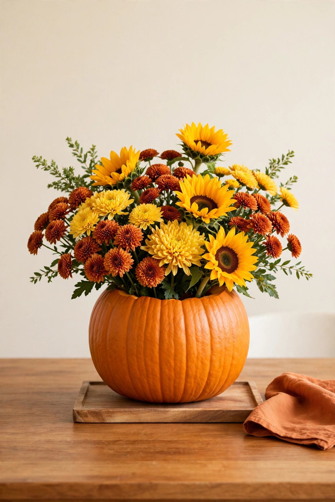 Fresh mums and sunflowers arranged inside a hollowed pumpkin vase
