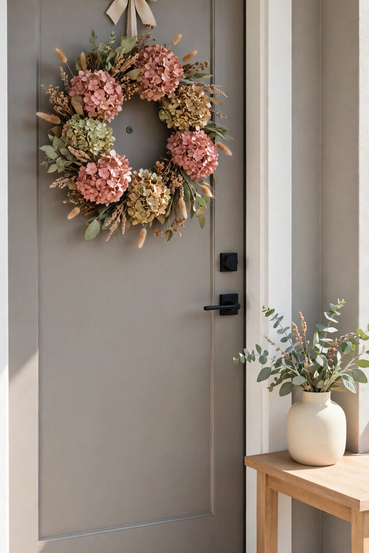 Wreath of dried hydrangeas in dusty rose, soft green and tan tones on a warm gray front door