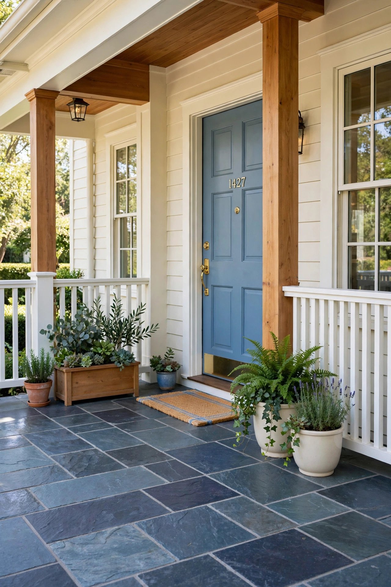 Slate stone tile flooring on an elegant front porch