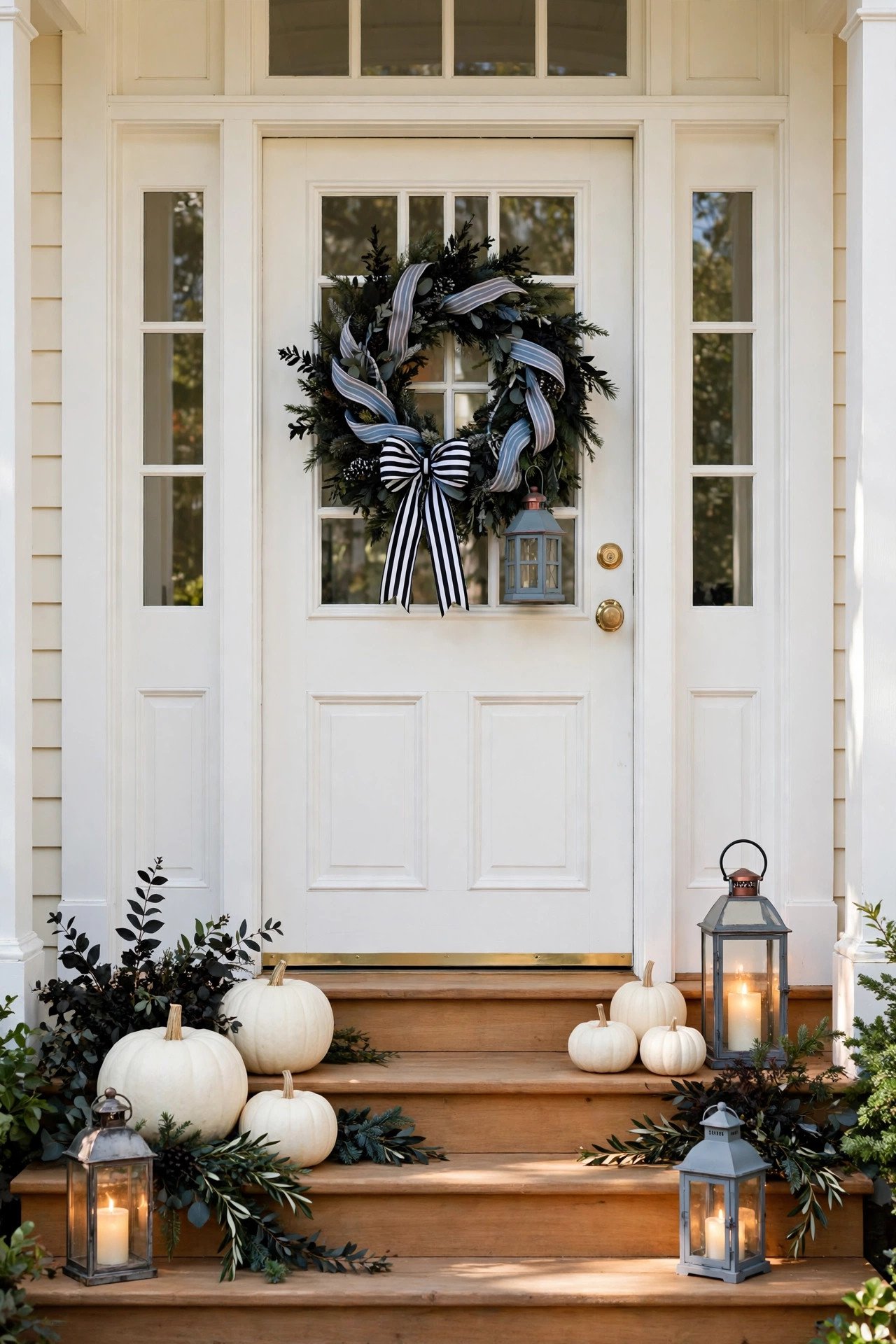 Classic white entry with a black and white ribbon wreath and white pumpkins