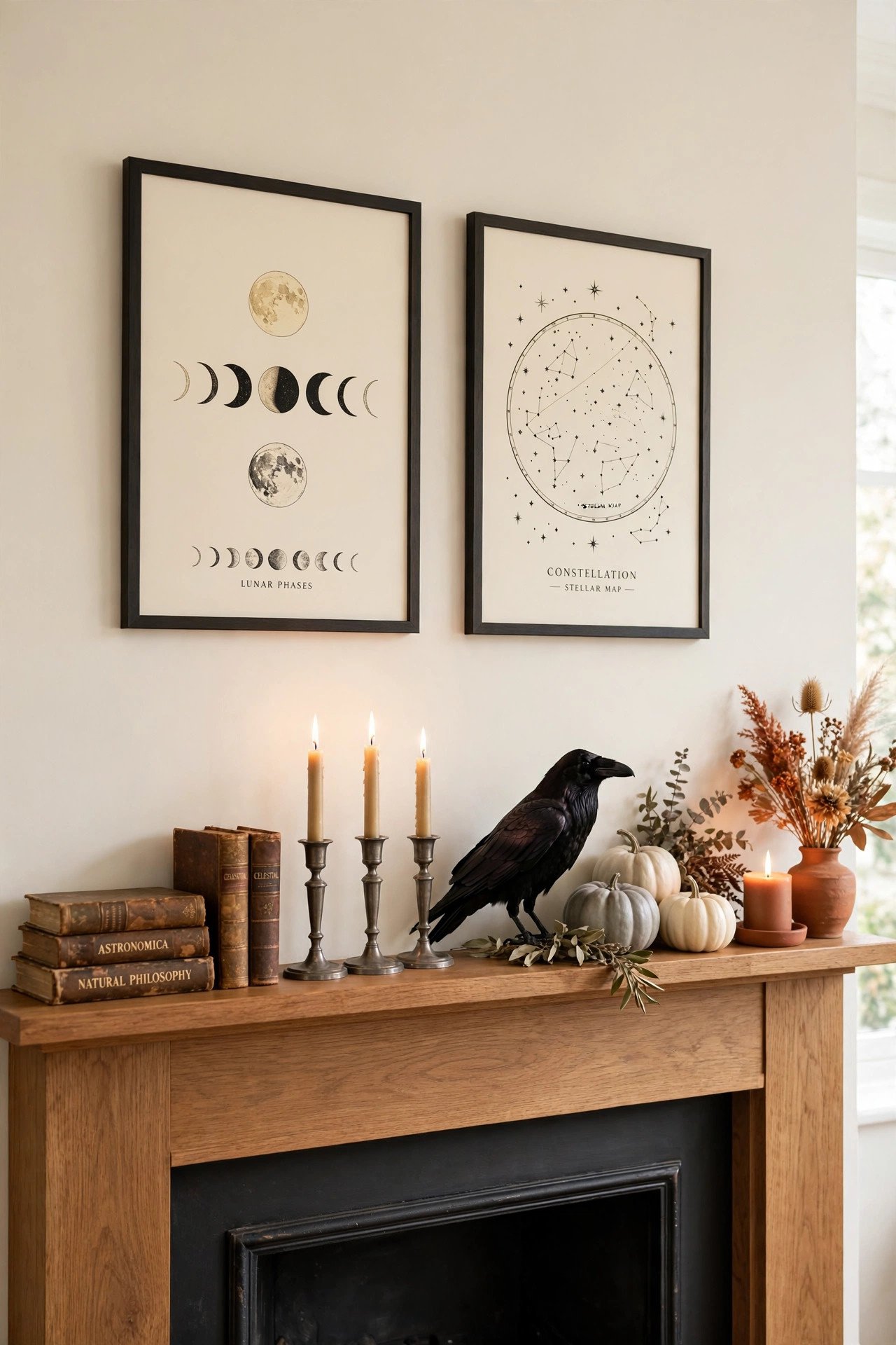 Dark academia Halloween mantel with stacked old books, raven and muted pumpkins