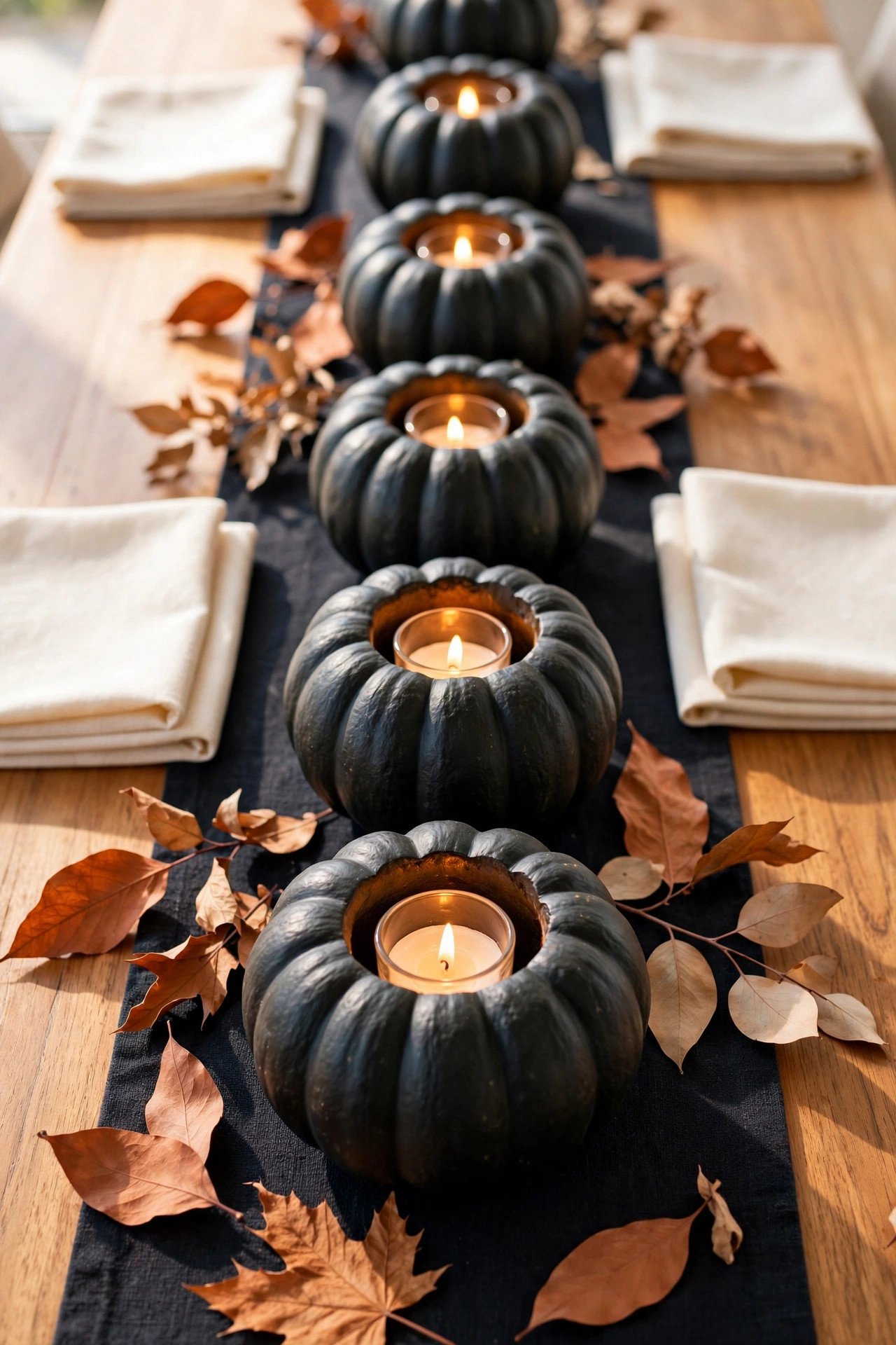 Small black pumpkins holding glowing candles lined along a clean Halloween tablescape