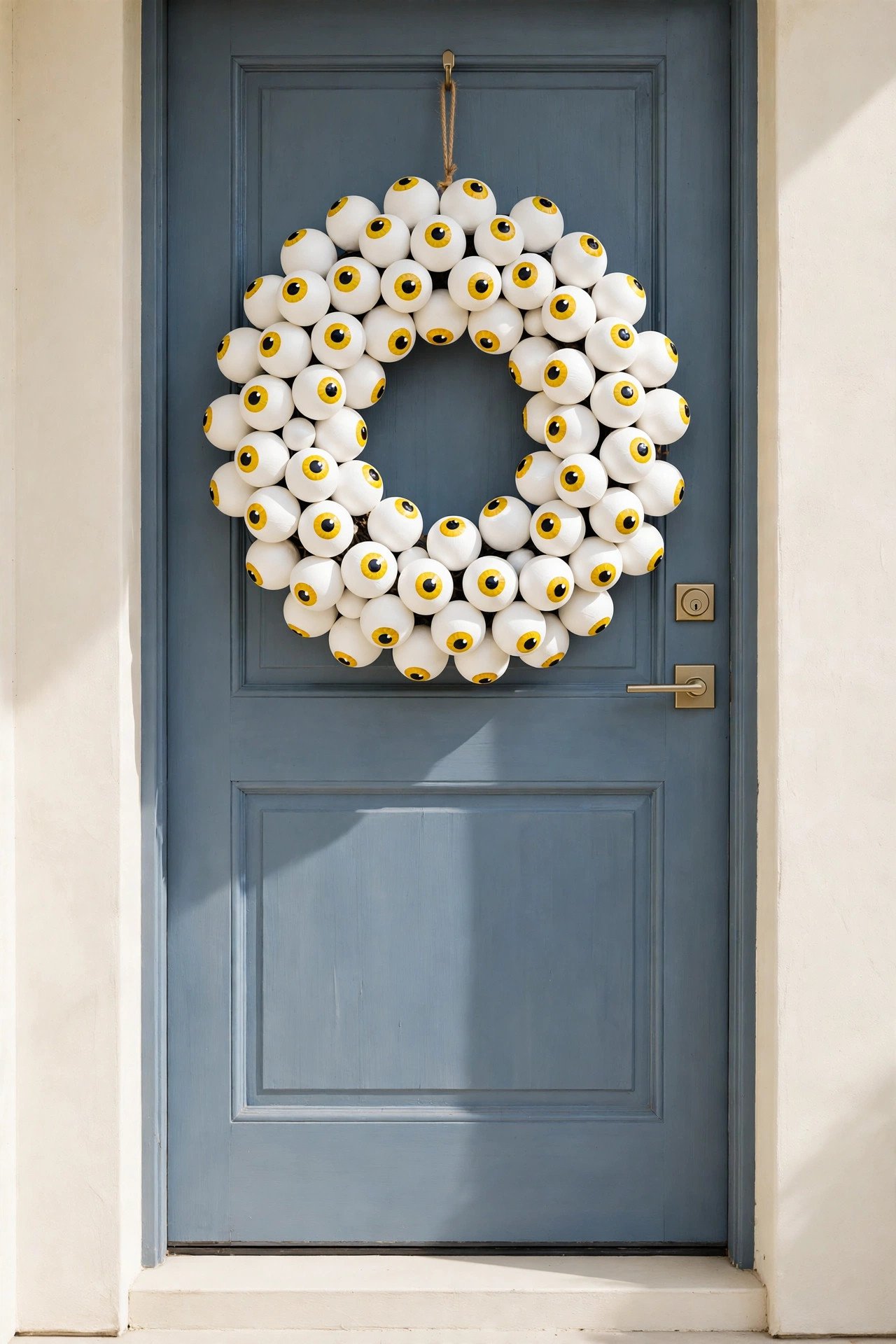 Halloween wreath covered in painted eyeballs made from ping-pong balls staring in all directions