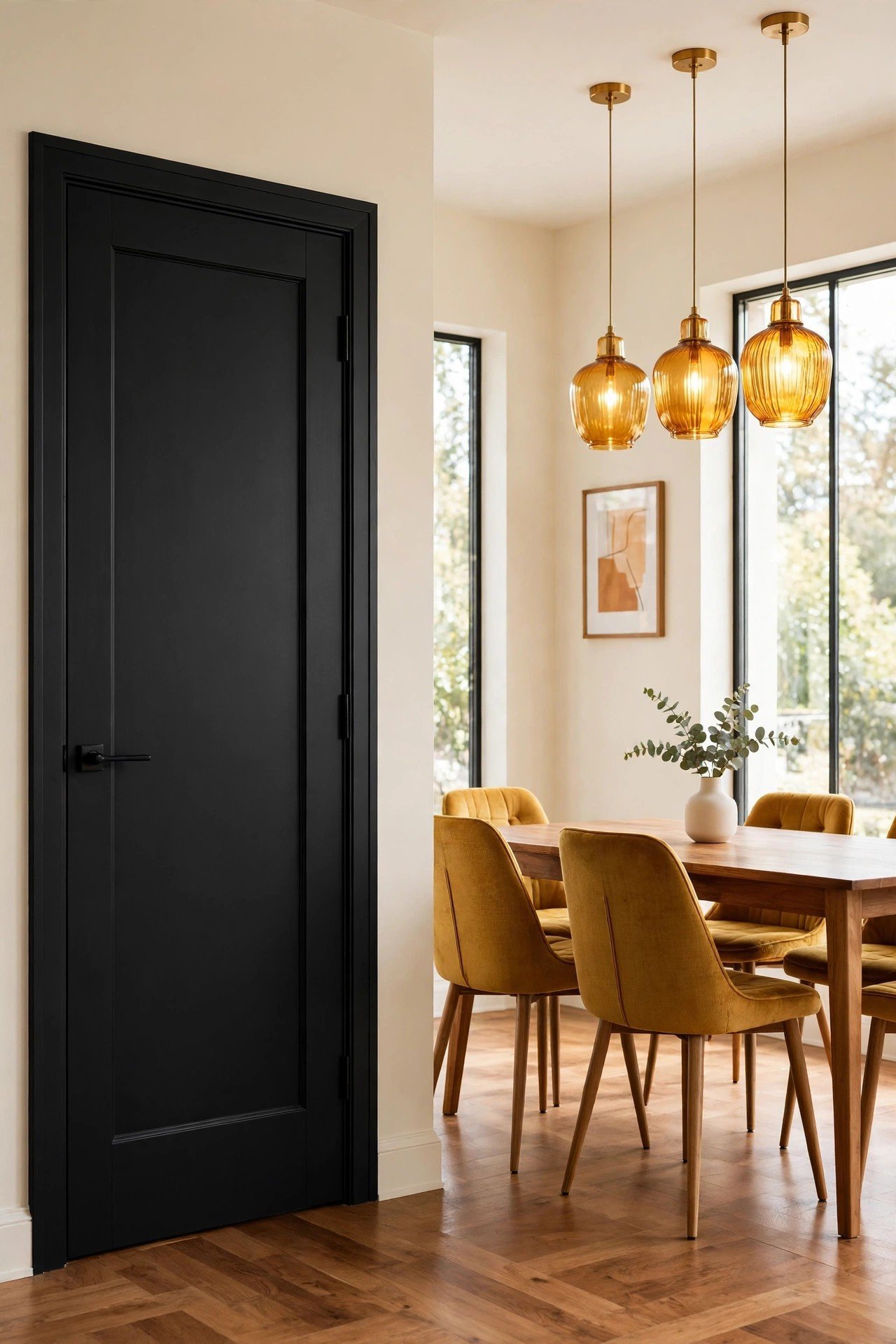 Bold black painted interior door creating dramatic modern contrast