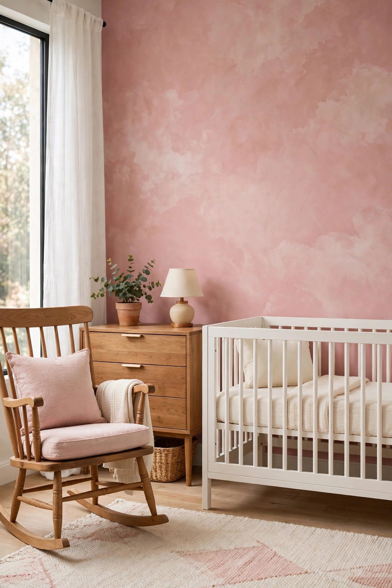 Dusty rose limewash wall with soft cloudy texture in a calm nursery with white crib
