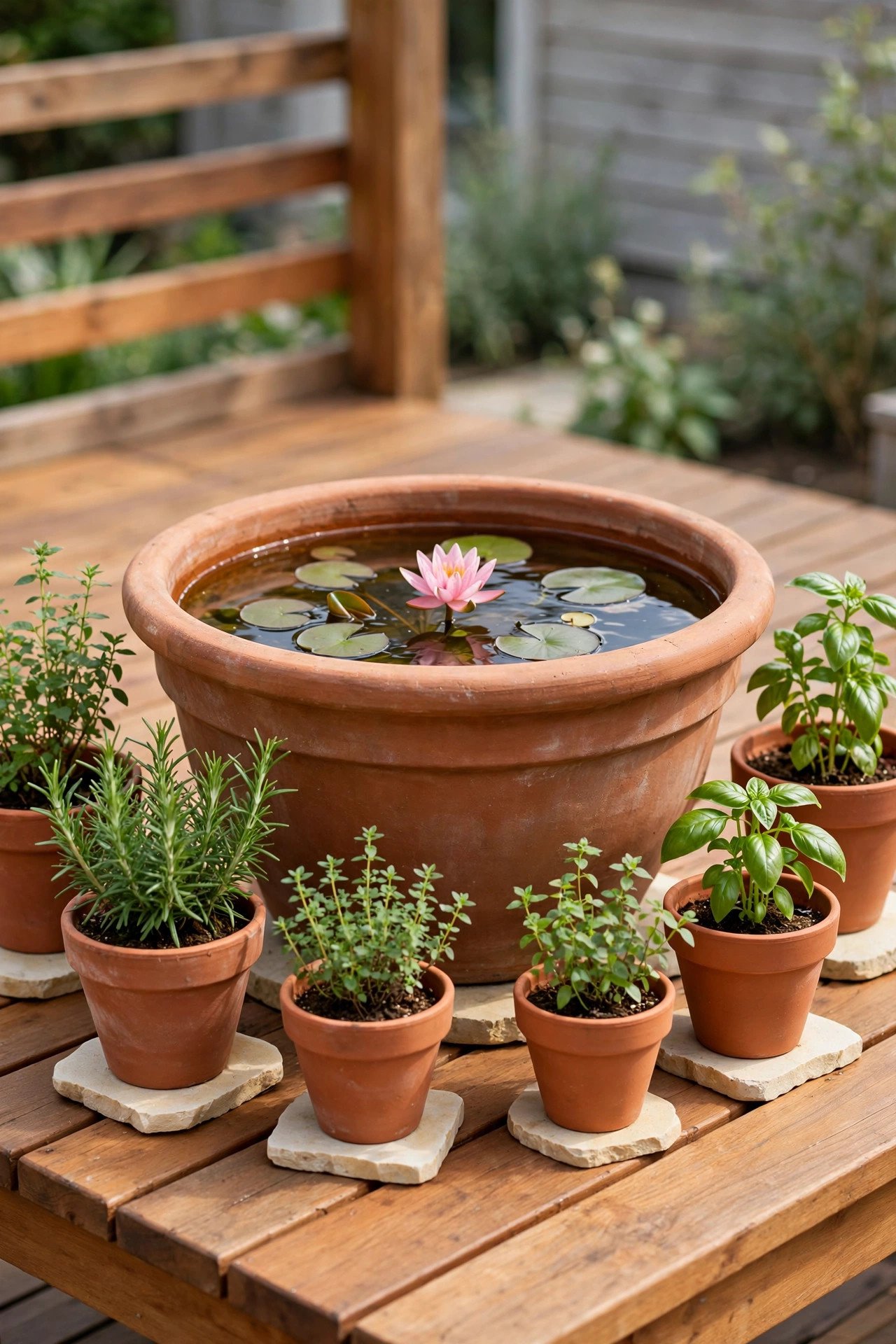 Terracotta pot tabletop pond with a dwarf water lily