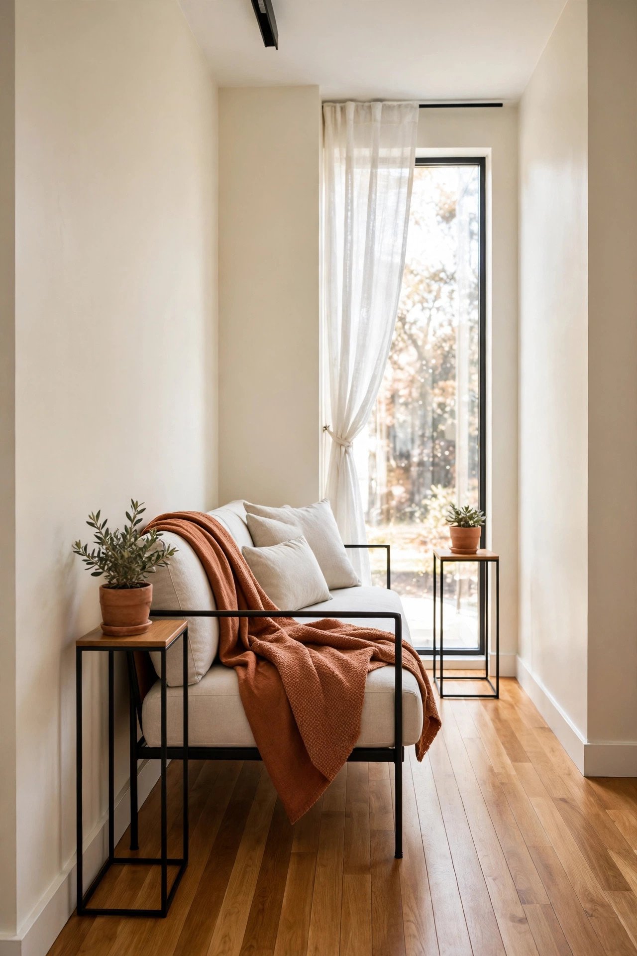 Slim furniture in a narrow living room with a narrow sofa and thin profile tables that keep walkways open