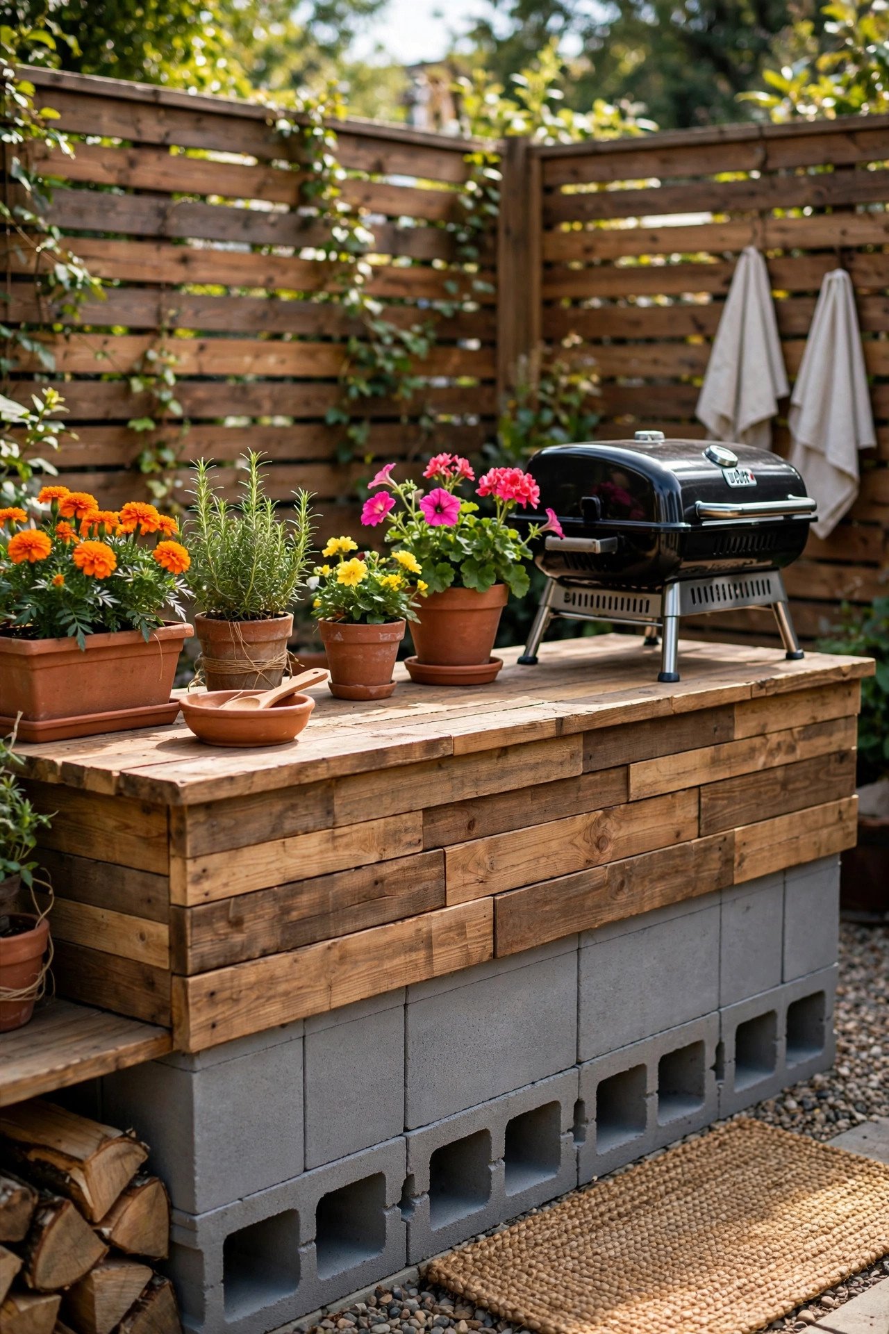 DIY outdoor kitchen with a recycled wood counter on a painted cinder block base