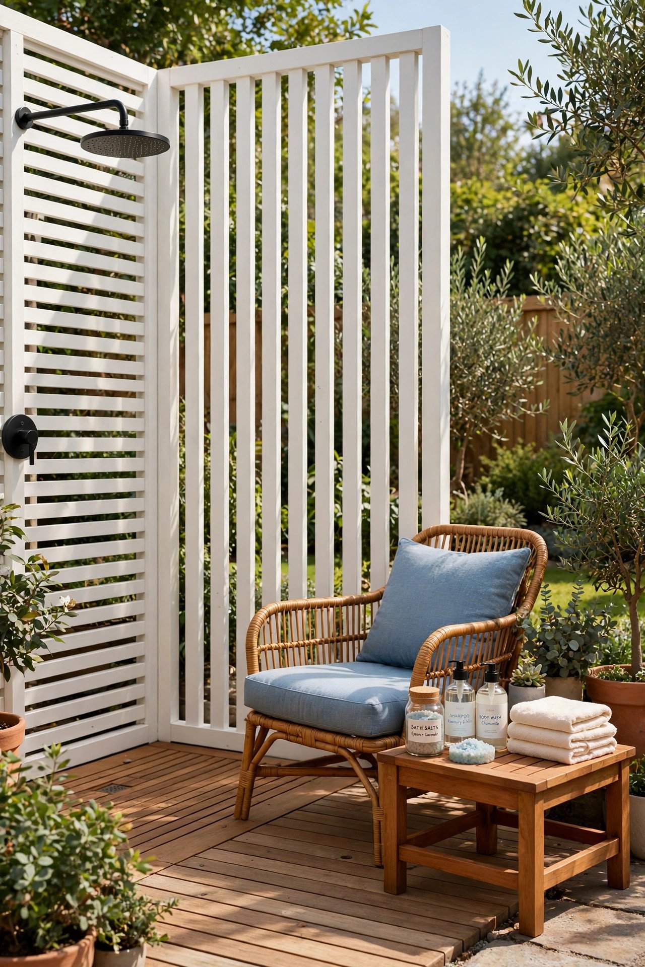 Spa-style outdoor shower with a lounge chair, cream walls and soft blue accents